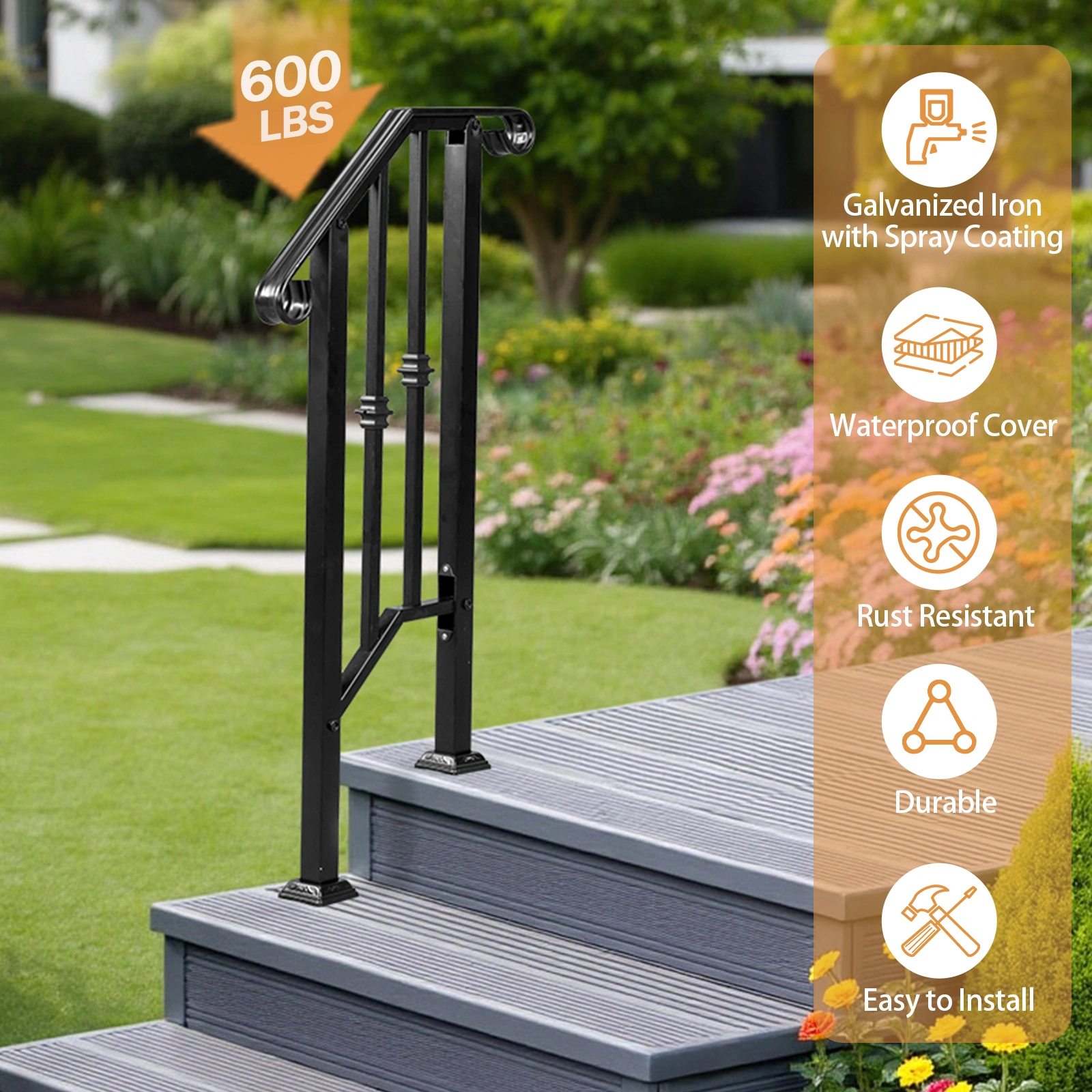 Matte Black Outdoor 1st Tier Iron Handrail view 12