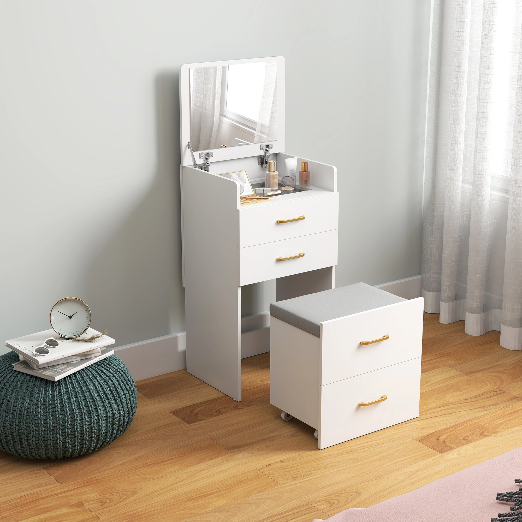 Elegant Makeup Dressing Table with Stool | Vanity Desk with Mirror, Compact Bedroom Dresser, White, 80cm
