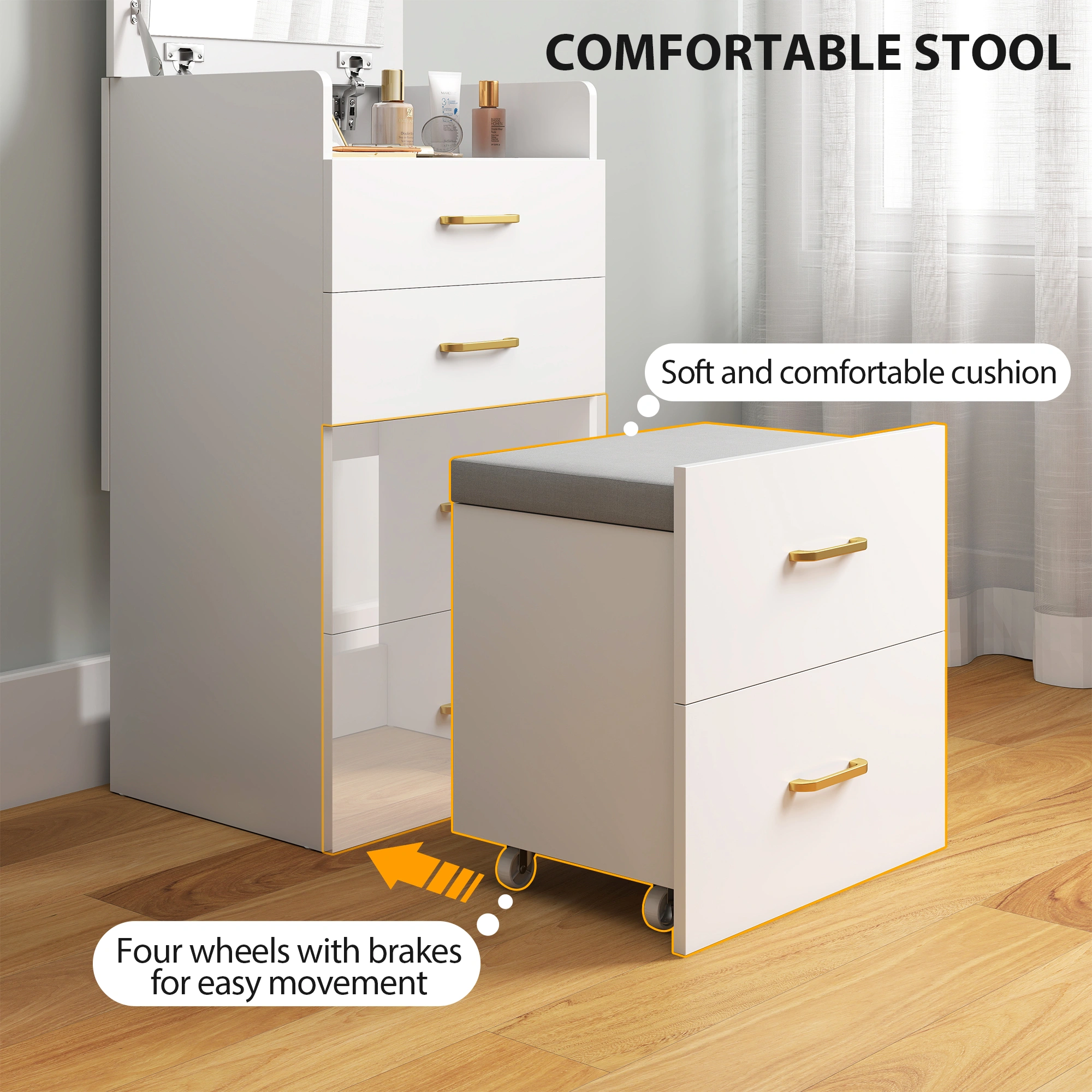 Elegant Makeup Dressing Table with Stool | Vanity Desk with Mirror, Compact Bedroom Dresser, White, 80cm view 3