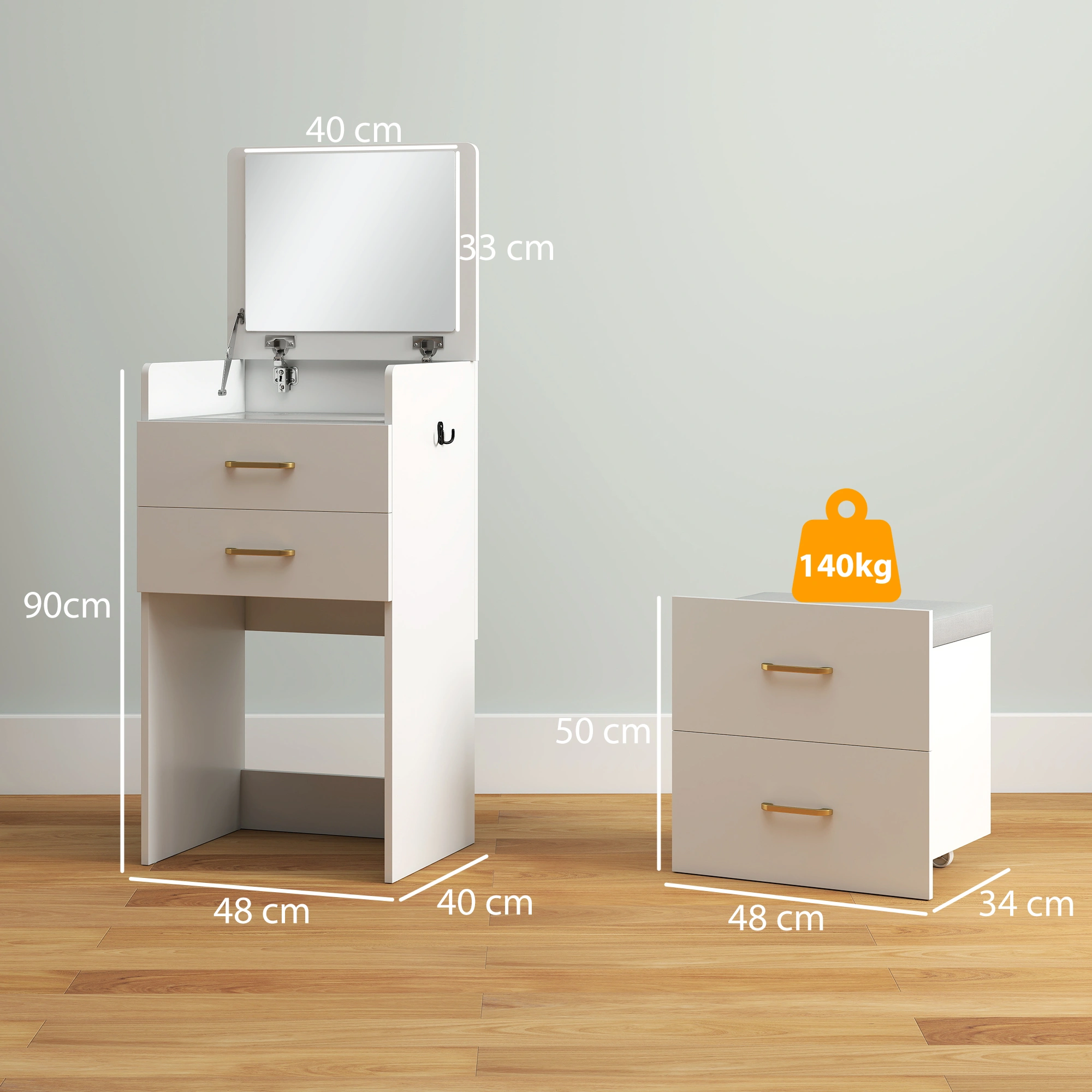 Elegant Makeup Dressing Table with Stool | Vanity Desk with Mirror, Compact Bedroom Dresser, White, 80cm view 4
