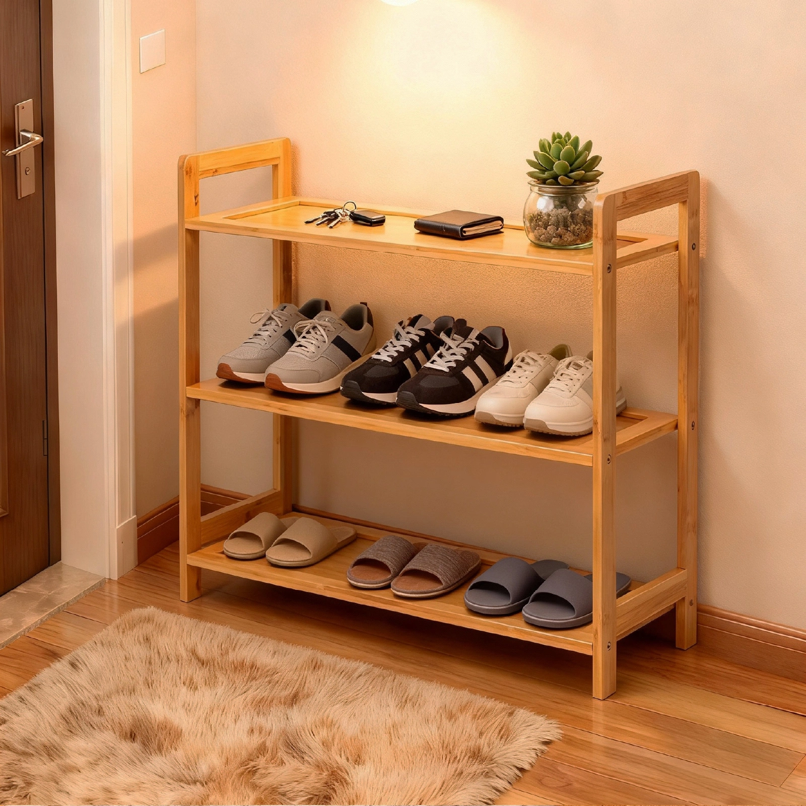 3 Tier Bamboo Shoe Rack 26.38x9.68x20.28 Inch Flat Natural Wood Entryway Organizer for Home Storage
