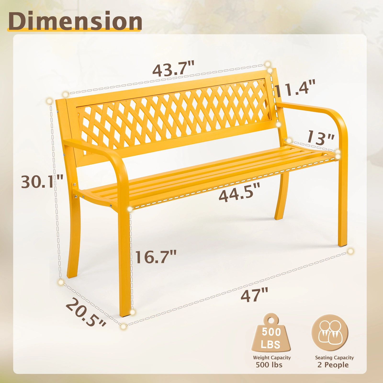 47in PVC Mesh Backrest Iron Bench Yellow view 2
