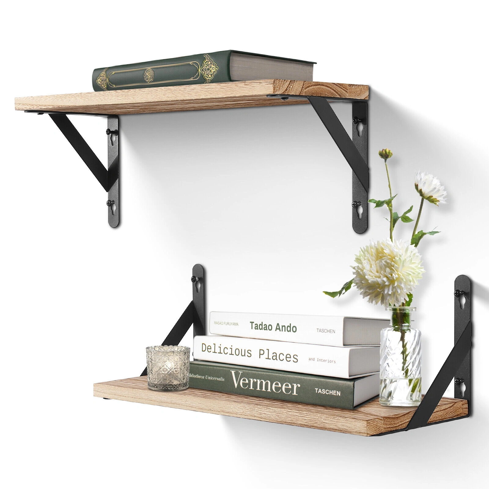 2x Wooden Floating Shelves Wall Mounted - Rustic Industrial Display Shelf for Storage, Decor & Organization view 3