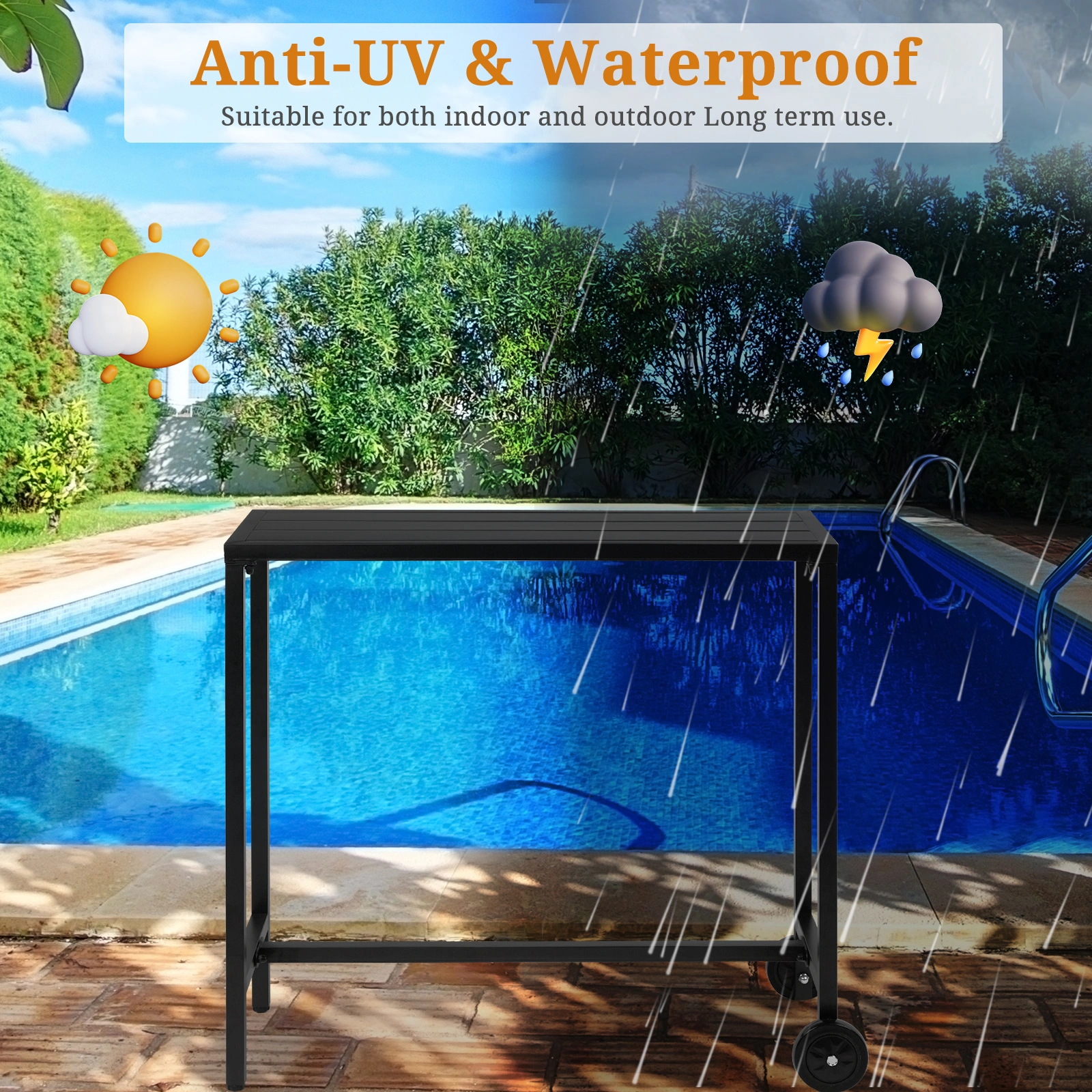 40" Outdoor Bar Table with Wheels, Rectangle Narrow Counter Height Table, Ideal Bar Height Table for Balcony Patio Garden Yard Poolside, Black view 11