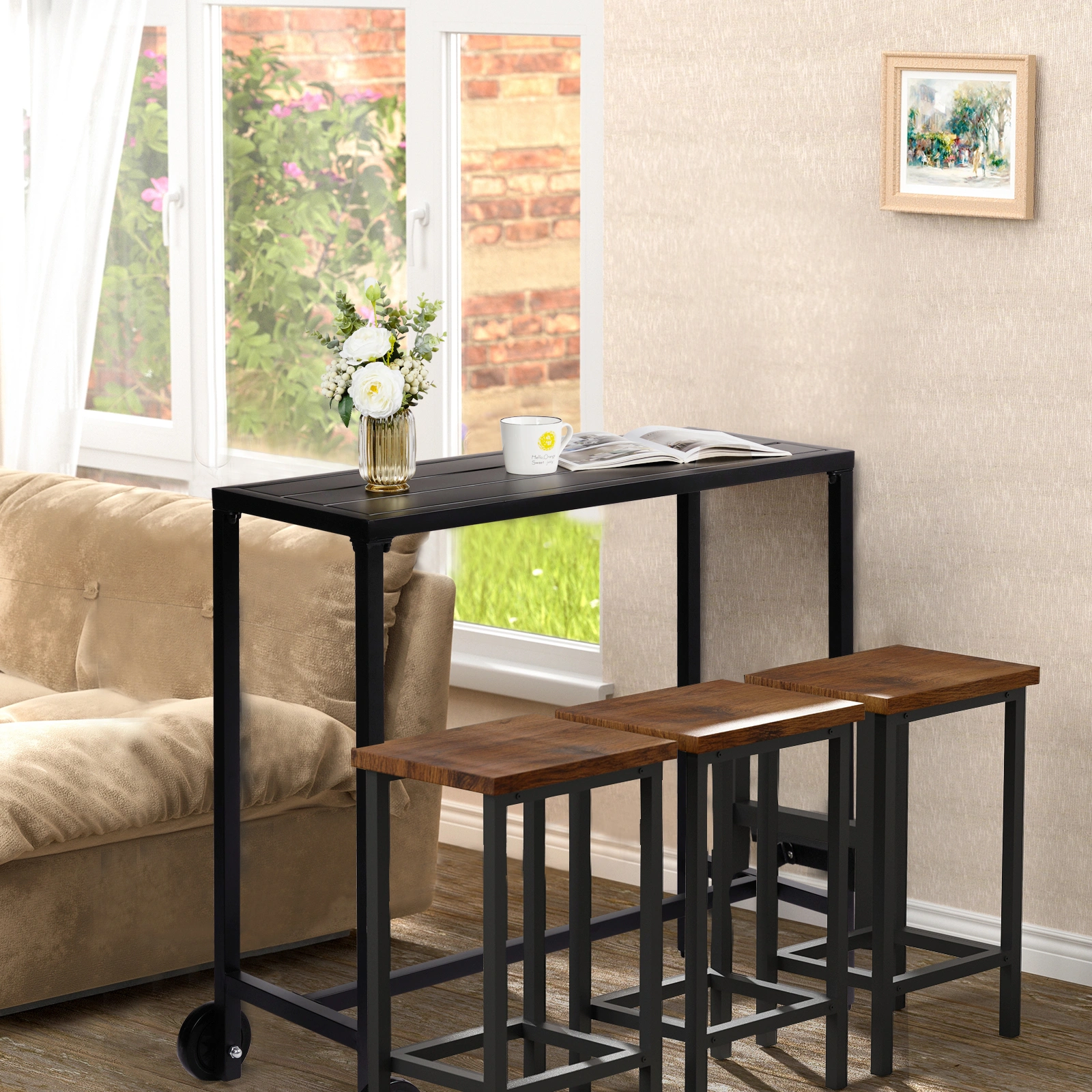 40" Outdoor Bar Table with Wheels, Rectangle Narrow Counter Height Table, Ideal Bar Height Table for Balcony Patio Garden Yard Poolside, Black view 12
