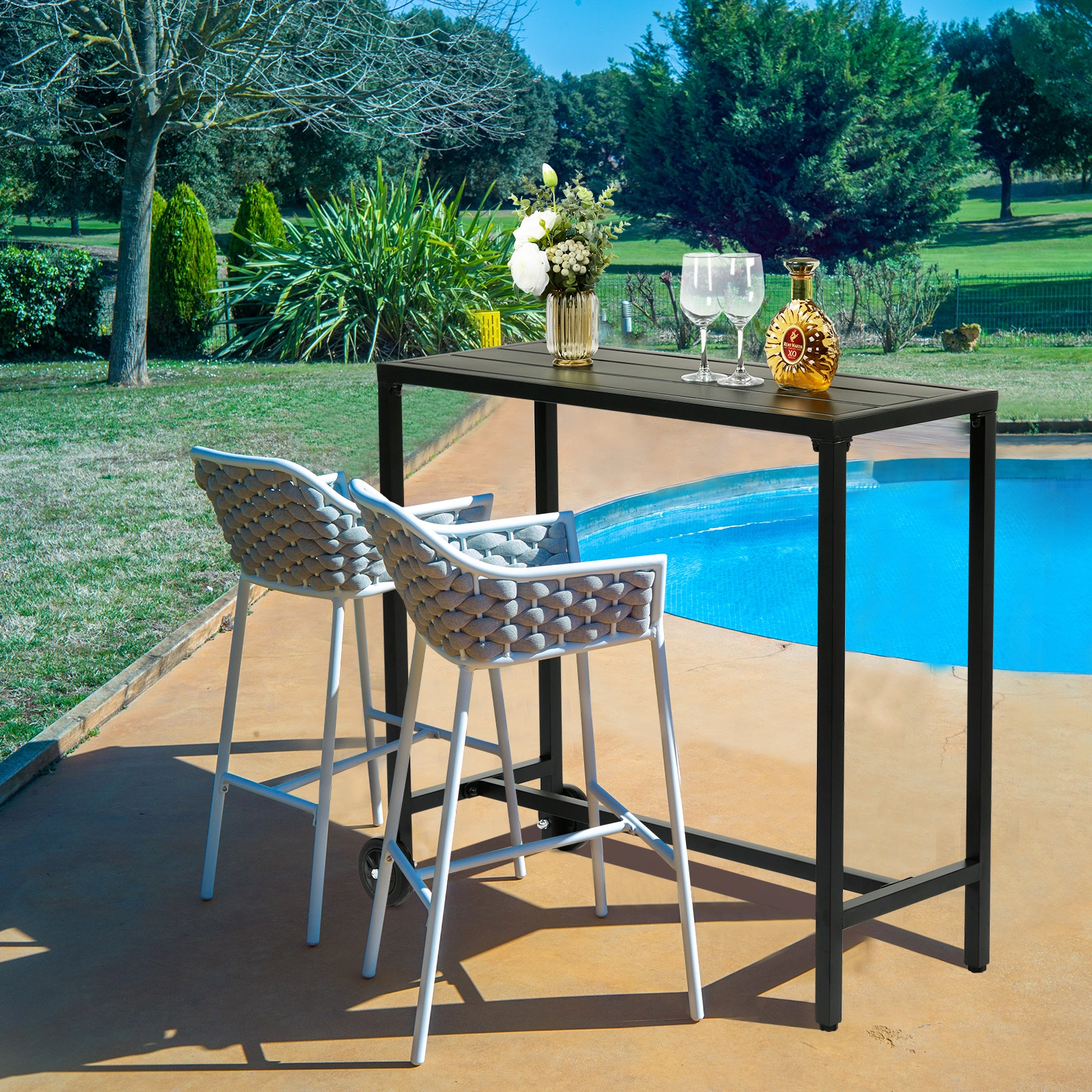 40" Outdoor Bar Table with Wheels, Rectangle Narrow Counter Height Table, Ideal Bar Height Table for Balcony Patio Garden Yard Poolside, Black view 13