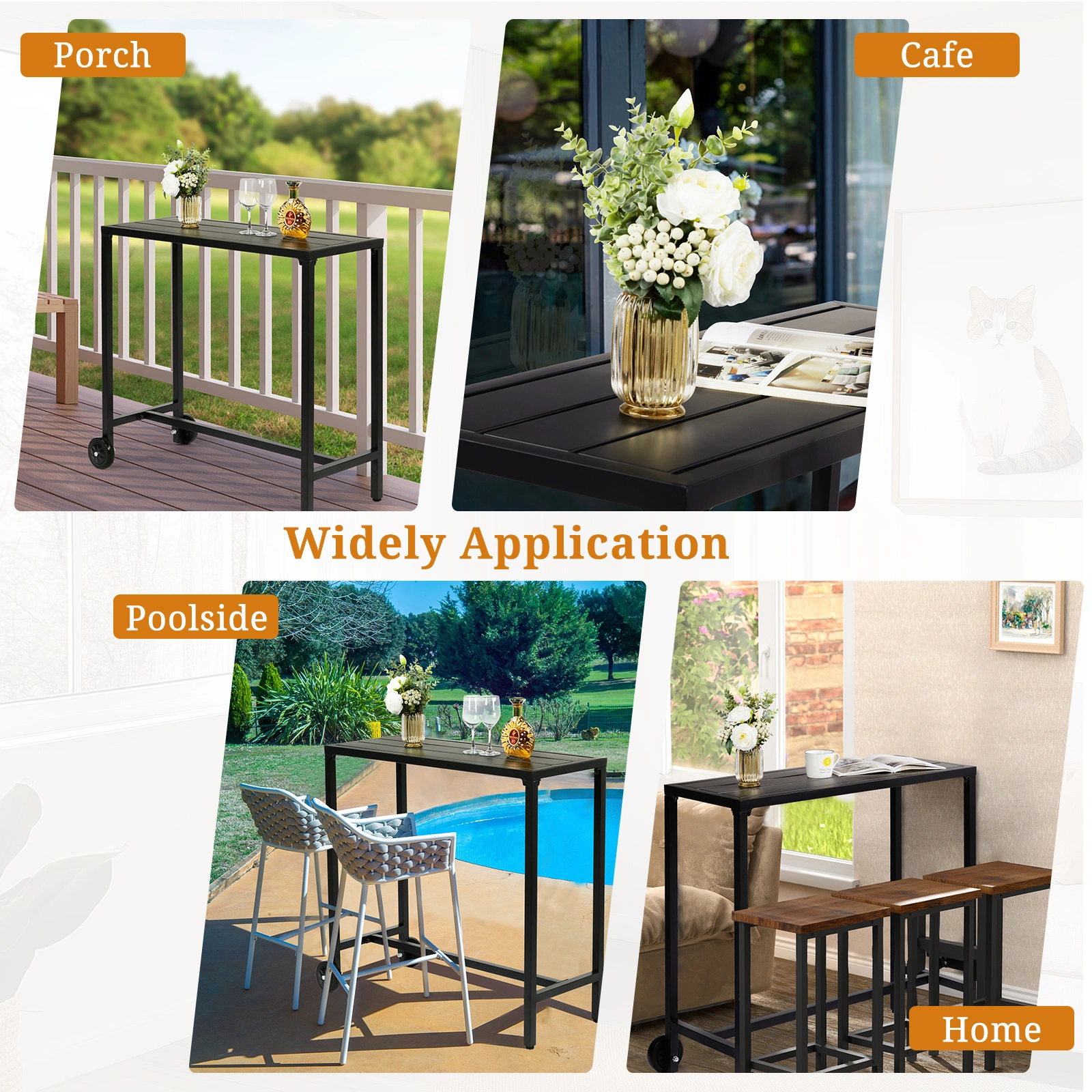 40" Outdoor Bar Table with Wheels, Rectangle Narrow Counter Height Table, Ideal Bar Height Table for Balcony Patio Garden Yard Poolside, Black view 14