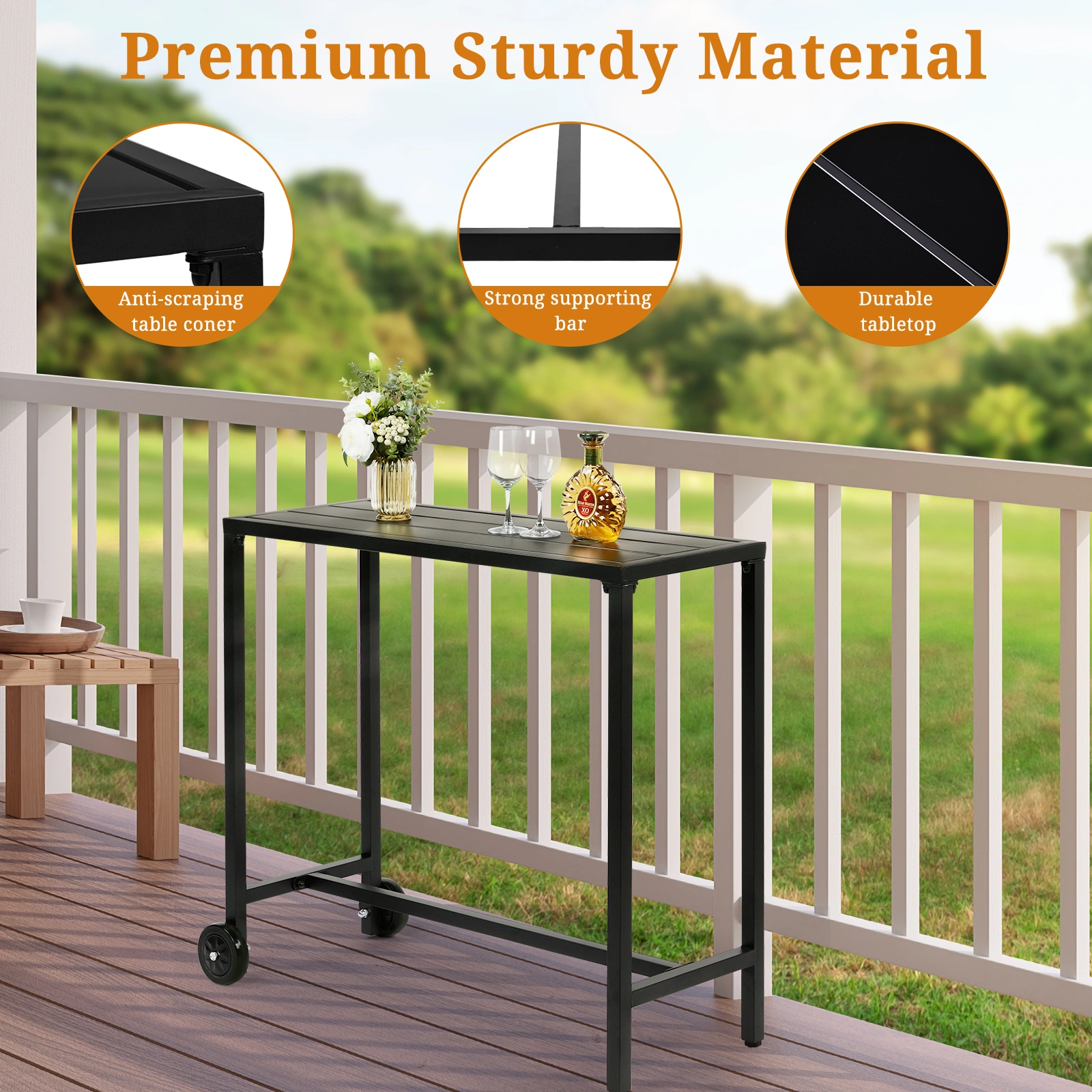 40" Outdoor Bar Table with Wheels, Rectangle Narrow Counter Height Table, Ideal Bar Height Table for Balcony Patio Garden Yard Poolside, Black view 5