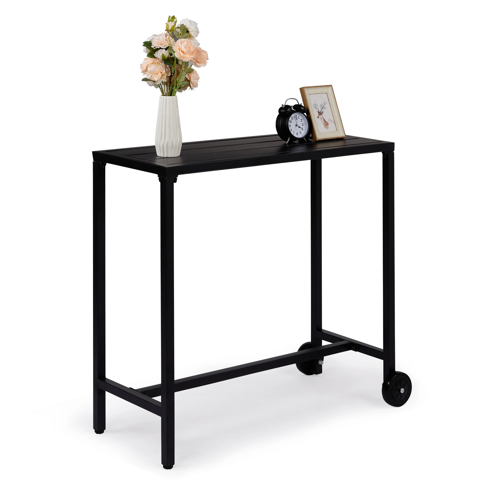 40" Outdoor Bar Table with Wheels, Rectangle Narrow Counter Height Table, Ideal Bar Height Table for Balcony Patio Garden Yard Poolside, Black view 7