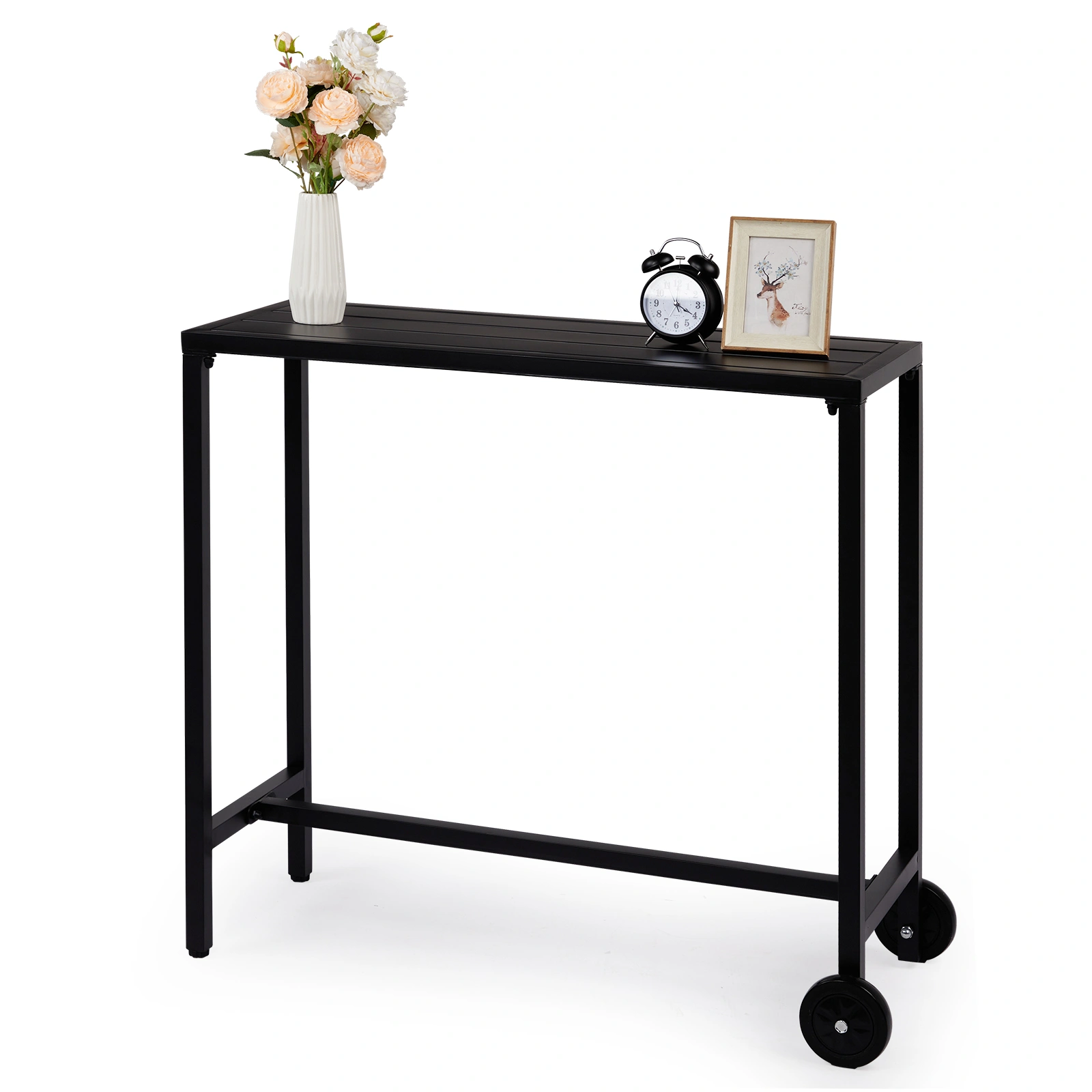 40" Outdoor Bar Table with Wheels, Rectangle Narrow Counter Height Table, Ideal Bar Height Table for Balcony Patio Garden Yard Poolside, Black view 8