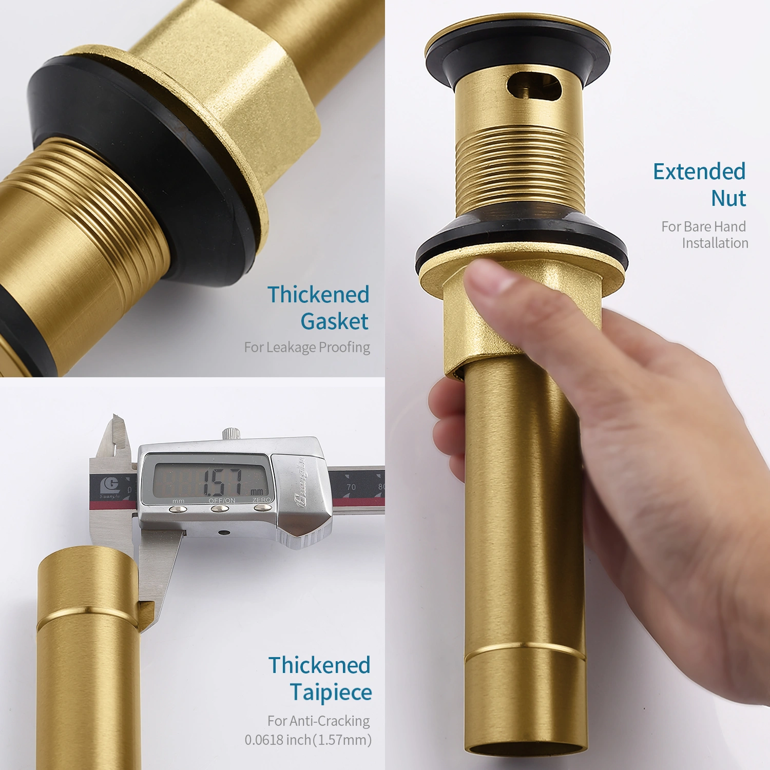 Brushed Gold Bathroom Sink Drain with Strainer Basket - Vanity Basin Waste Pop-up Drain Stopper, Gold Finish Drain Assembly view 11