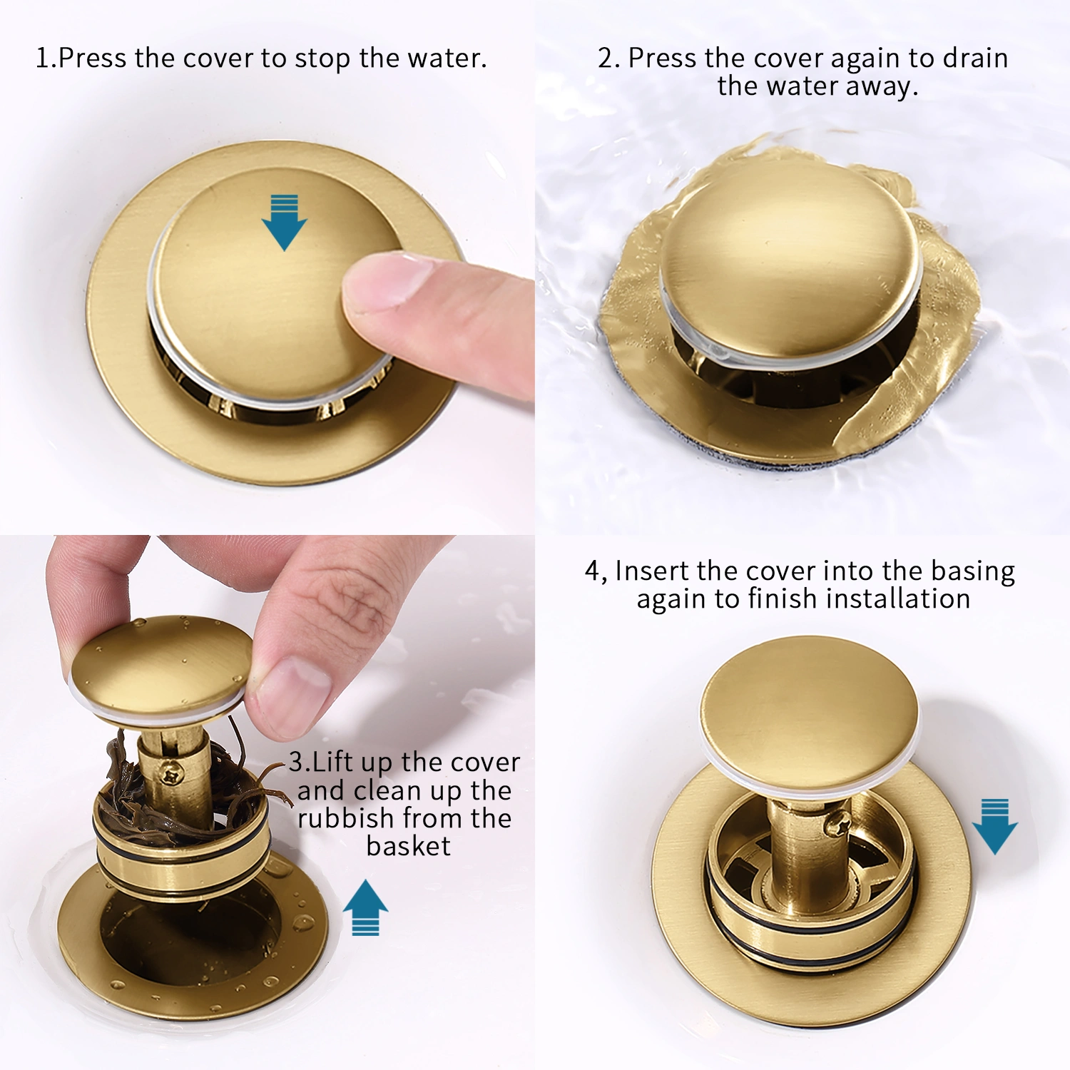 Brushed Gold Bathroom Sink Drain with Strainer Basket - Vanity Basin Waste Pop-up Drain Stopper, Gold Finish Drain Assembly view 12
