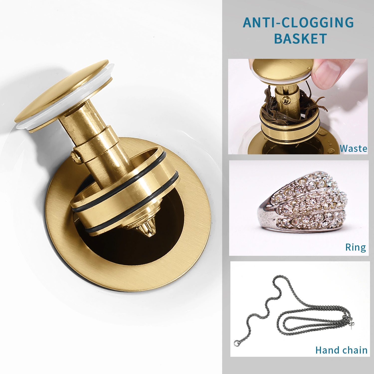 Brushed Gold Bathroom Sink Drain with Strainer Basket - Vanity Basin Waste Pop-up Drain Stopper, Gold Finish Drain Assembly view 8