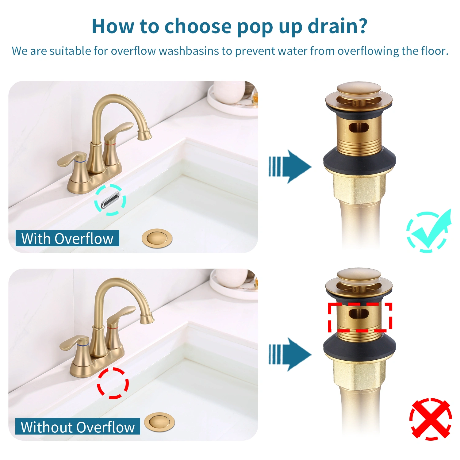 Brushed Gold Bathroom Sink Drain with Strainer Basket - Vanity Basin Waste Pop-up Drain Stopper, Gold Finish Drain Assembly view 9