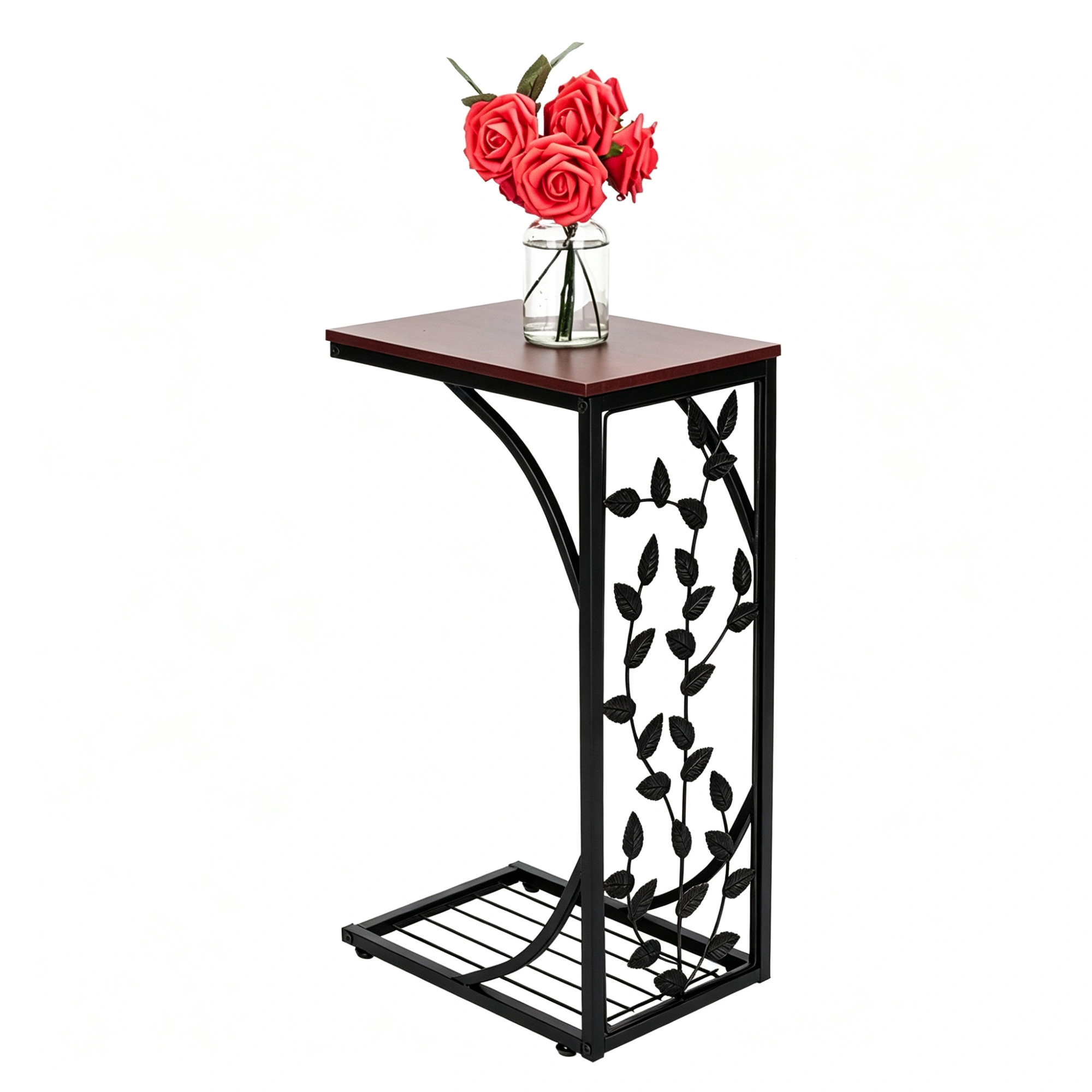 54x30.5x21cm Iron Leaf Pattern Side Table & Coffee Table, Brown Metal Accent End Table for Living Room view 3