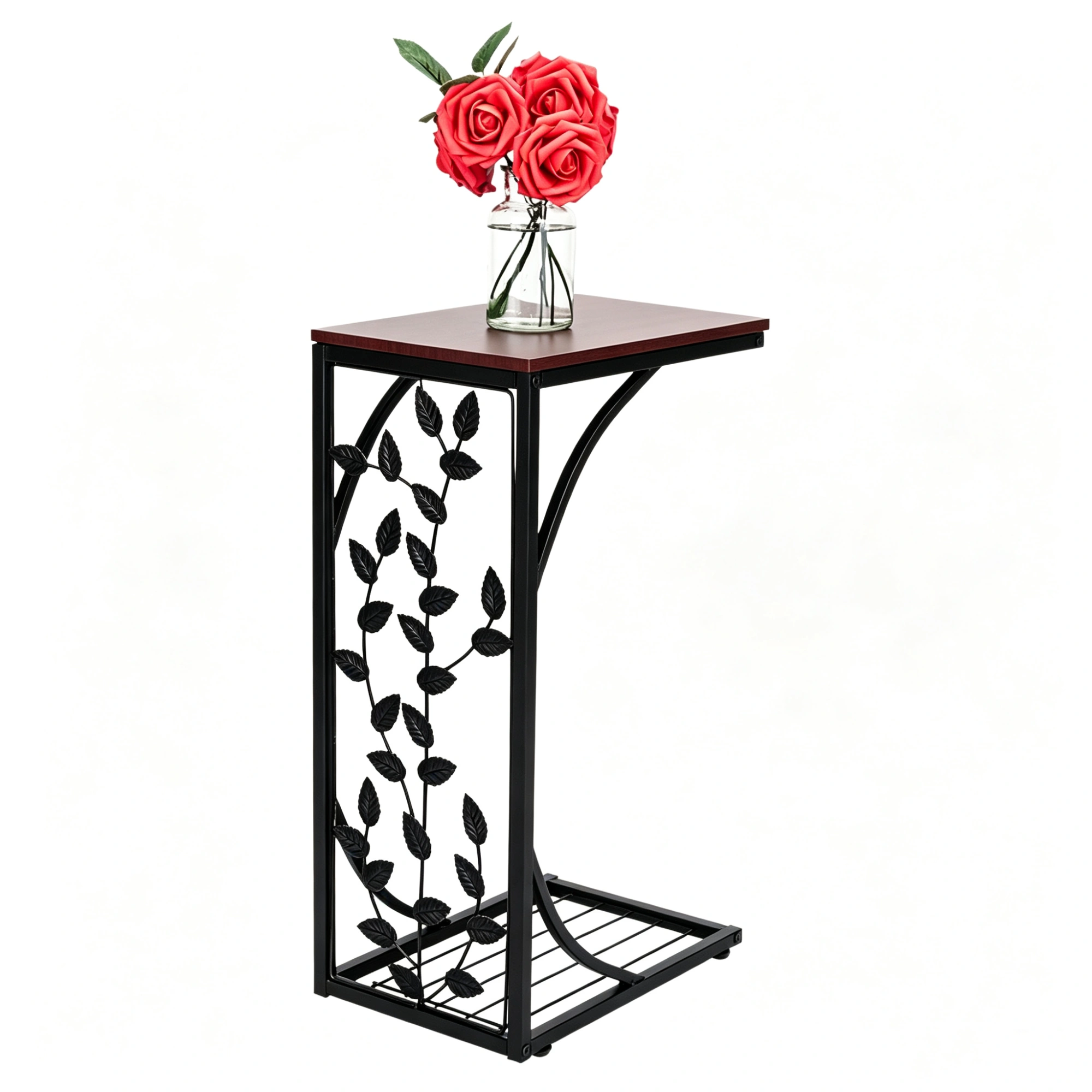 54x30.5x21cm Iron Leaf Pattern Side Table & Coffee Table, Brown Metal Accent End Table for Living Room view 4
