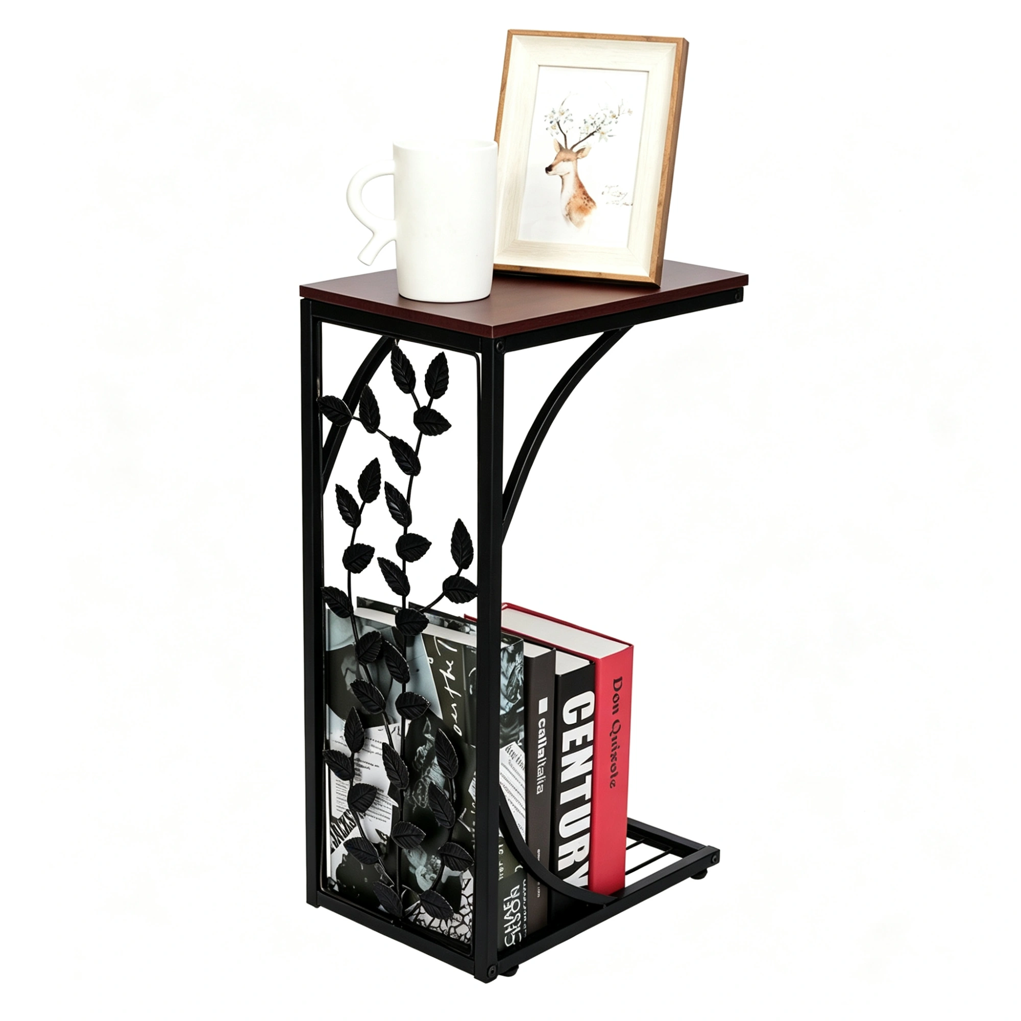 54x30.5x21cm Iron Leaf Pattern Side Table & Coffee Table, Brown Metal Accent End Table for Living Room view 6