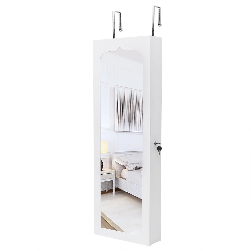 White Wooden Wall Mount Jewelry Cabinet with Mirror, 6 Drawers, 4-Layer Shelf, 8 Blue LED Lights, Non-Full Mirror view 2