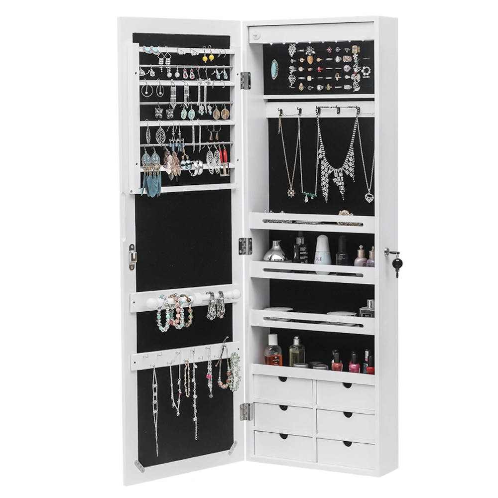 White Wooden Wall Mount Jewelry Cabinet with Mirror, 6 Drawers, 4-Layer Shelf, 8 Blue LED Lights, Non-Full Mirror view 3