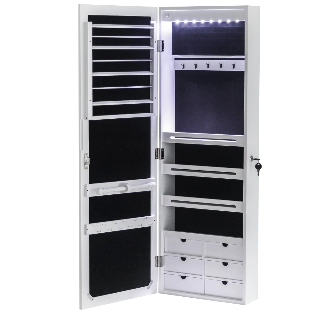 White Wooden Wall Mount Jewelry Cabinet with Mirror, 6 Drawers, 4-Layer Shelf, 8 Blue LED Lights, Non-Full Mirror view 4