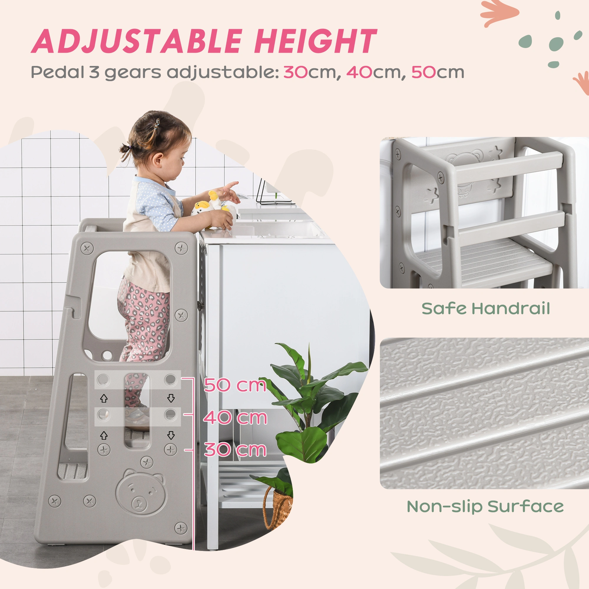 Height Adjustable Kitchen Step Stool, Anti-Fatigue Rubber Stepping Stool with Handle, Non-Slip Footrest view 3
