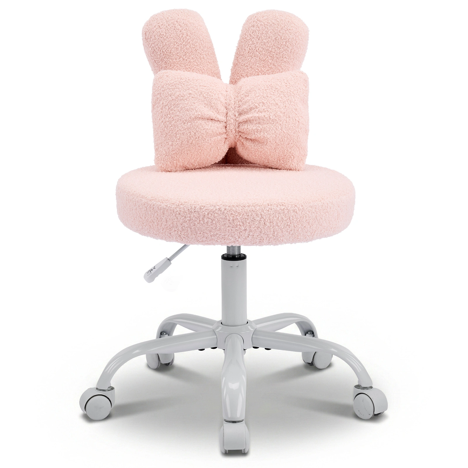 Cute Bunny Ear Desk Chair 16.93"W x 17.7"D, Adjustable Height 360° Swivel Vanity Chair, Bow Backrest, Fluffy Teddy Fleece Round Seat, Pink