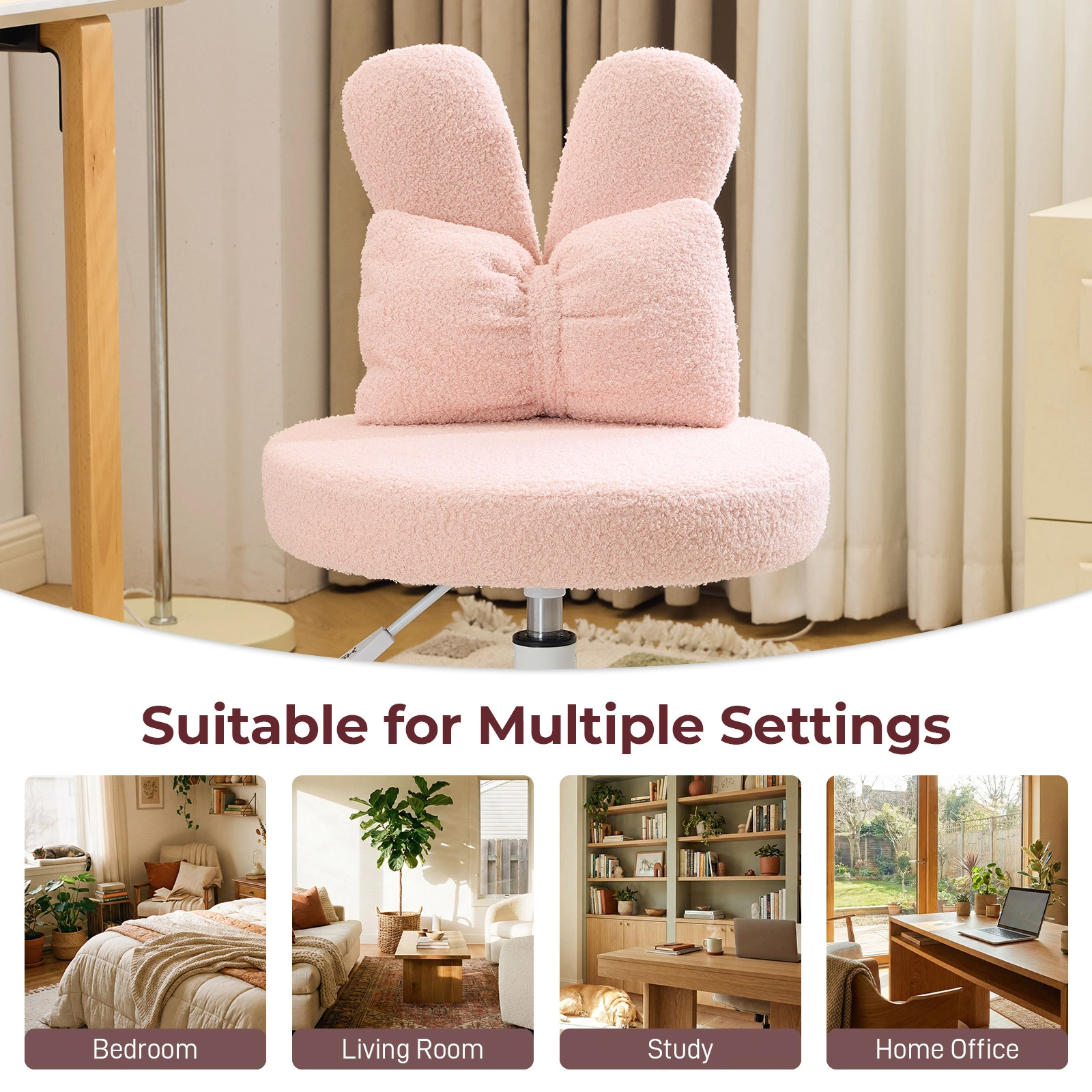 Cute Bunny Ear Desk Chair 16.93"W x 17.7"D, Adjustable Height 360° Swivel Vanity Chair, Bow Backrest, Fluffy Teddy Fleece Round Seat, Pink view 2