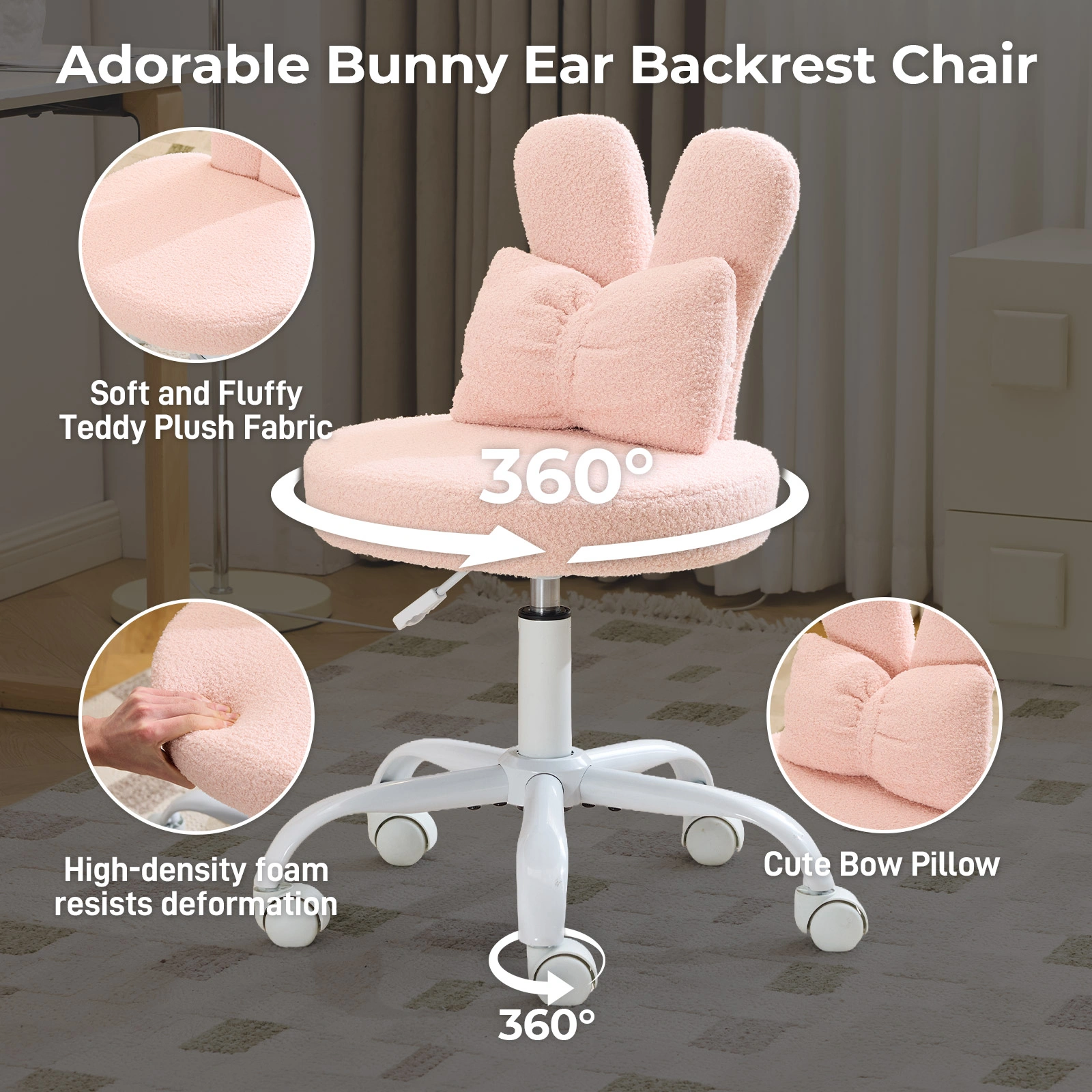 Cute Bunny Ear Desk Chair 16.93"W x 17.7"D, Adjustable Height 360° Swivel Vanity Chair, Bow Backrest, Fluffy Teddy Fleece Round Seat, Pink view 3