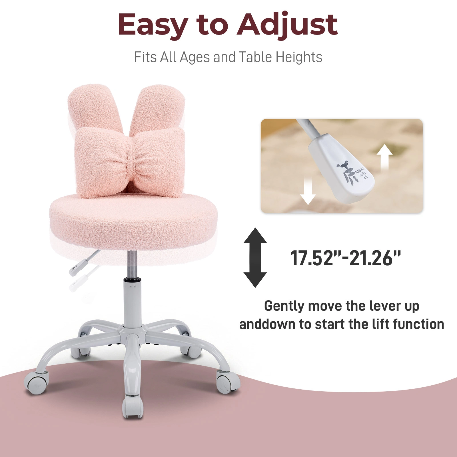 Cute Bunny Ear Desk Chair 16.93"W x 17.7"D, Adjustable Height 360° Swivel Vanity Chair, Bow Backrest, Fluffy Teddy Fleece Round Seat, Pink view 4