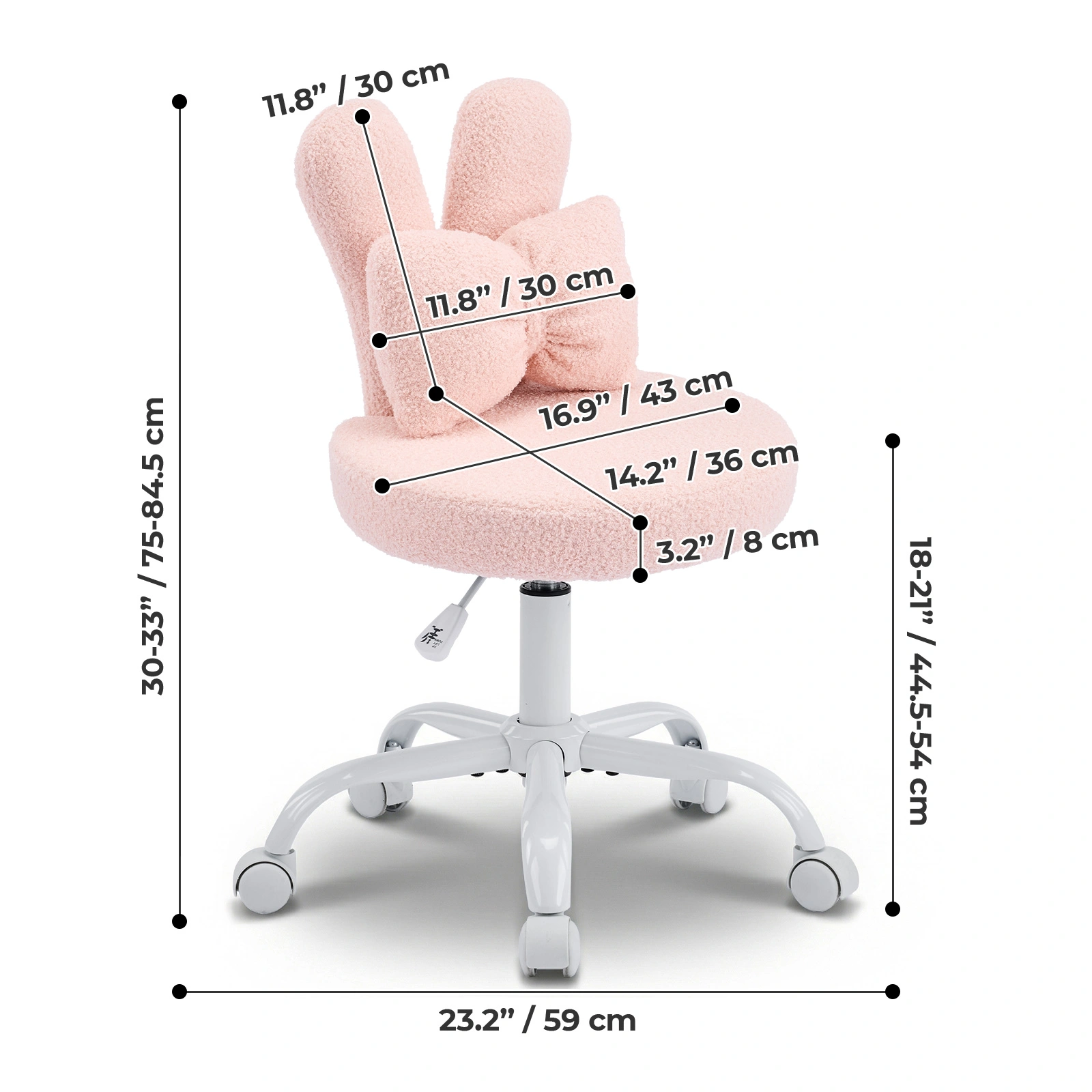 Cute Bunny Ear Desk Chair 16.93"W x 17.7"D, Adjustable Height 360° Swivel Vanity Chair, Bow Backrest, Fluffy Teddy Fleece Round Seat, Pink view 5