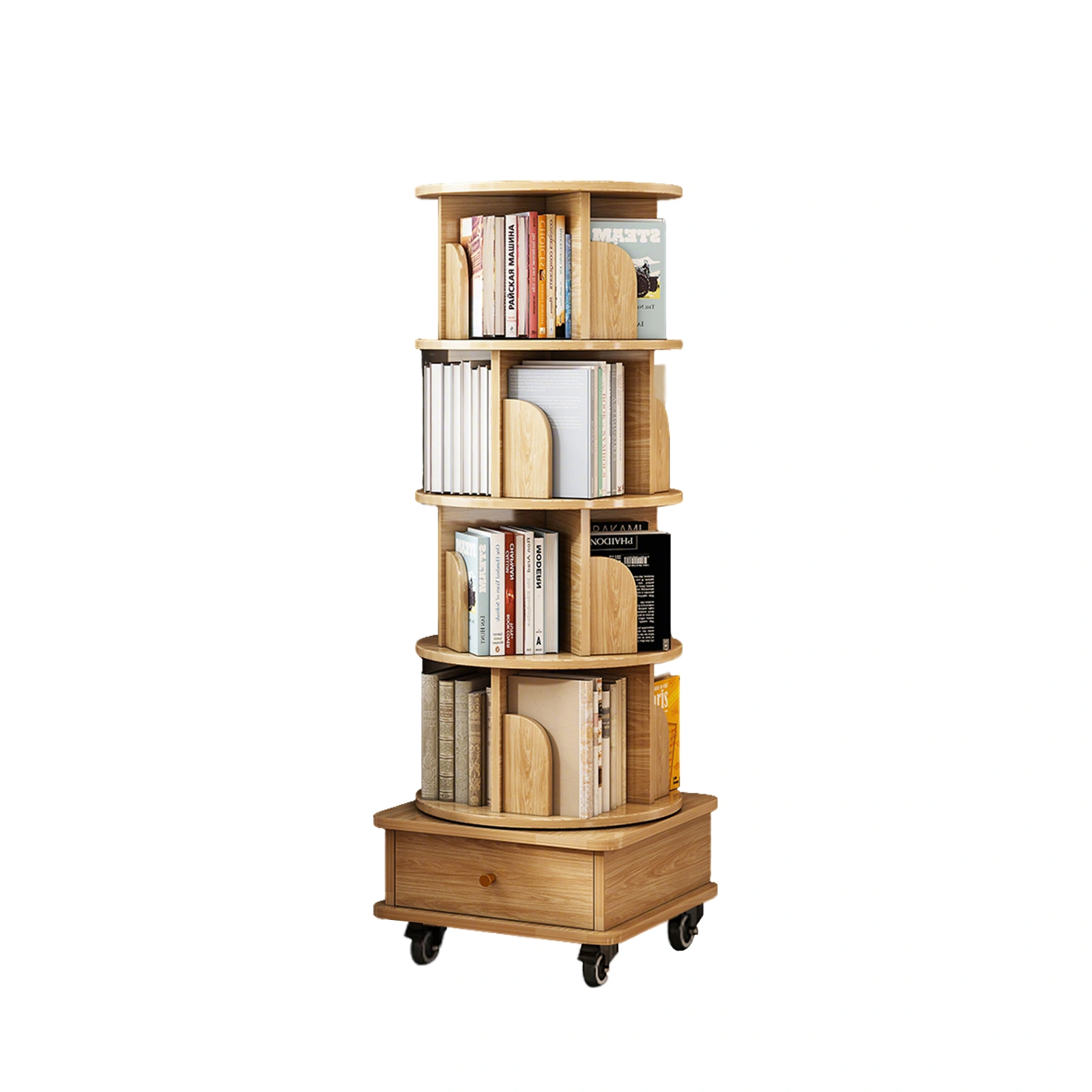 5 Tier Rotating Bookshelf, 360° Round Spinning Bookshelf Tower with Wheels, Space-Saving Display Shelf for Bedroom, Living Room, Home, Office, Wood view 12