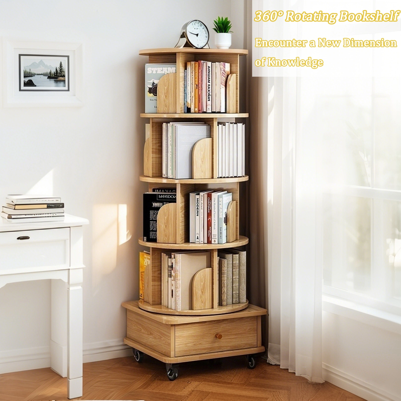 5 Tier Rotating Bookshelf, 360° Round Spinning Bookshelf Tower with Wheels, Space-Saving Display Shelf for Bedroom, Living Room, Home, Office, Wood view 3