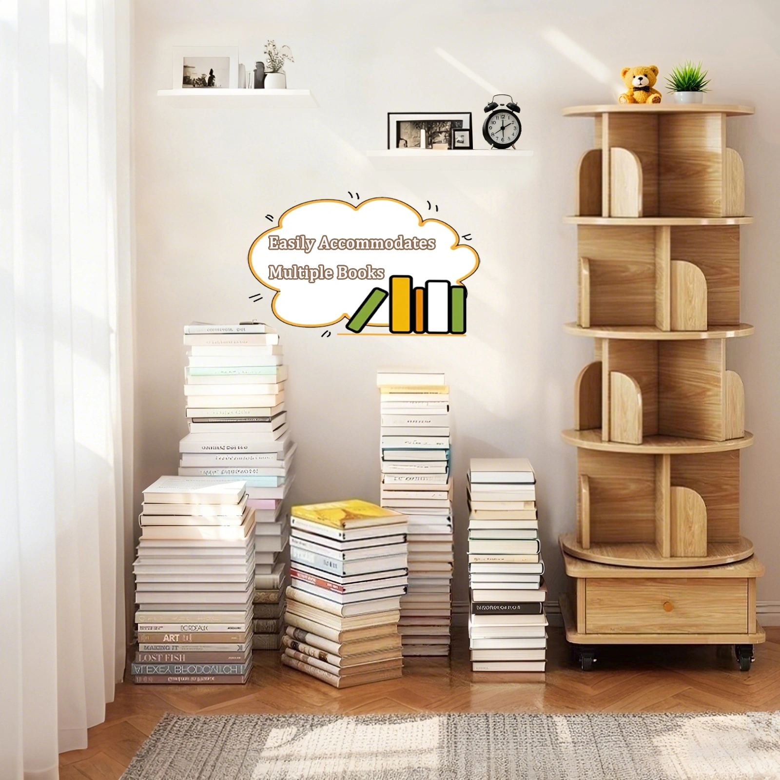 5 Tier Rotating Bookshelf, 360° Round Spinning Bookshelf Tower with Wheels, Space-Saving Display Shelf for Bedroom, Living Room, Home, Office, Wood view 4
