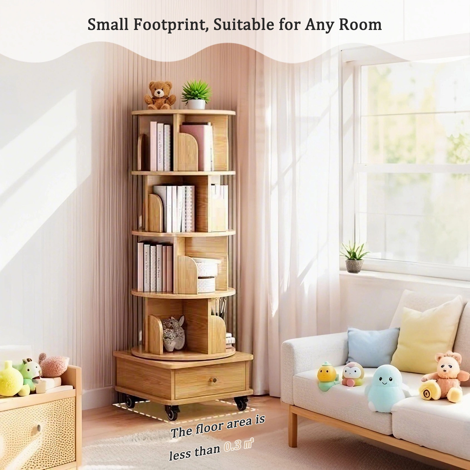 5 Tier Rotating Bookshelf, 360° Round Spinning Bookshelf Tower with Wheels, Space-Saving Display Shelf for Bedroom, Living Room, Home, Office, Wood view 7