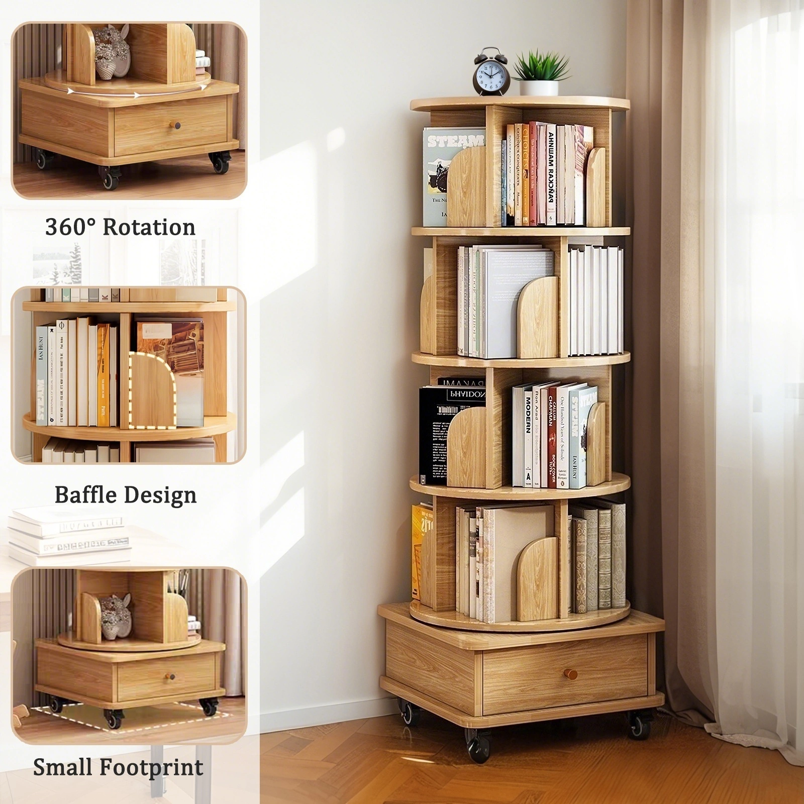 5 Tier Rotating Bookshelf, 360° Round Spinning Bookshelf Tower with Wheels, Space-Saving Display Shelf for Bedroom, Living Room, Home, Office, Wood view 9