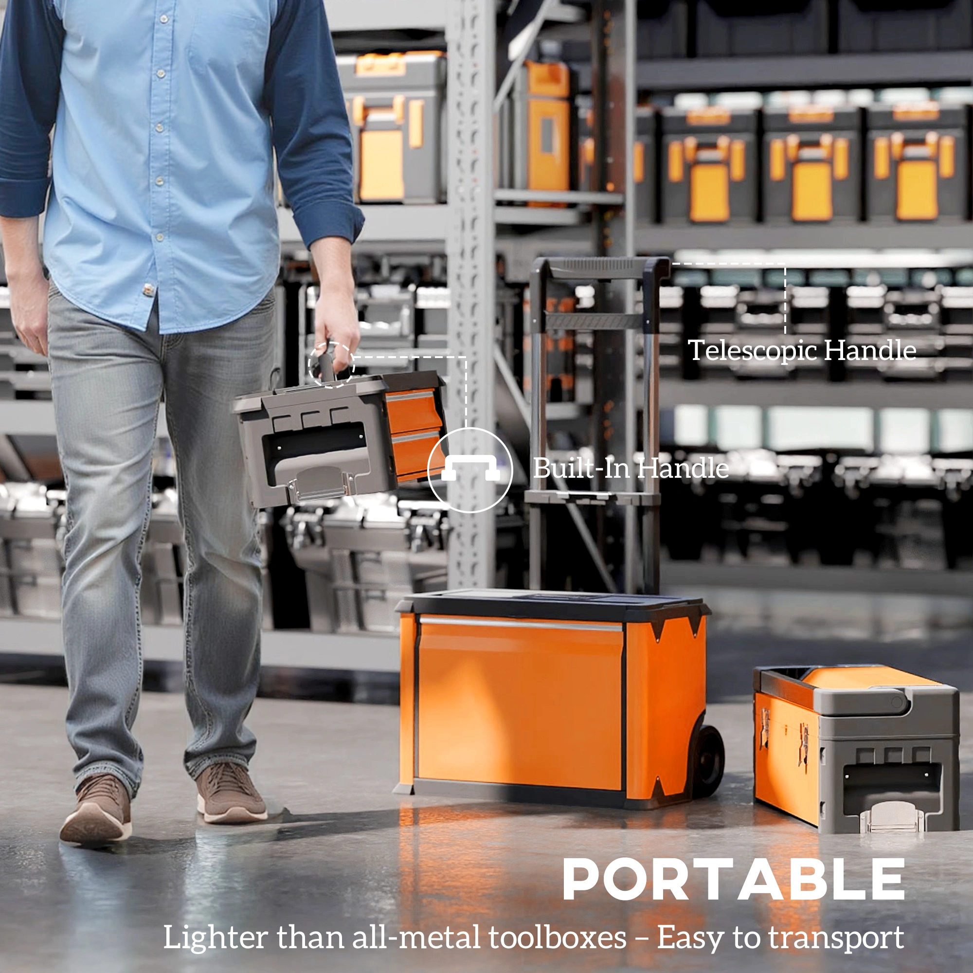Industrial Metal Tool Box, Heavy Duty Steel Storage Chest with Secure Lock Lid, Large Capacity Organized Workbox for Garage, Auto & Workshop Use view 3