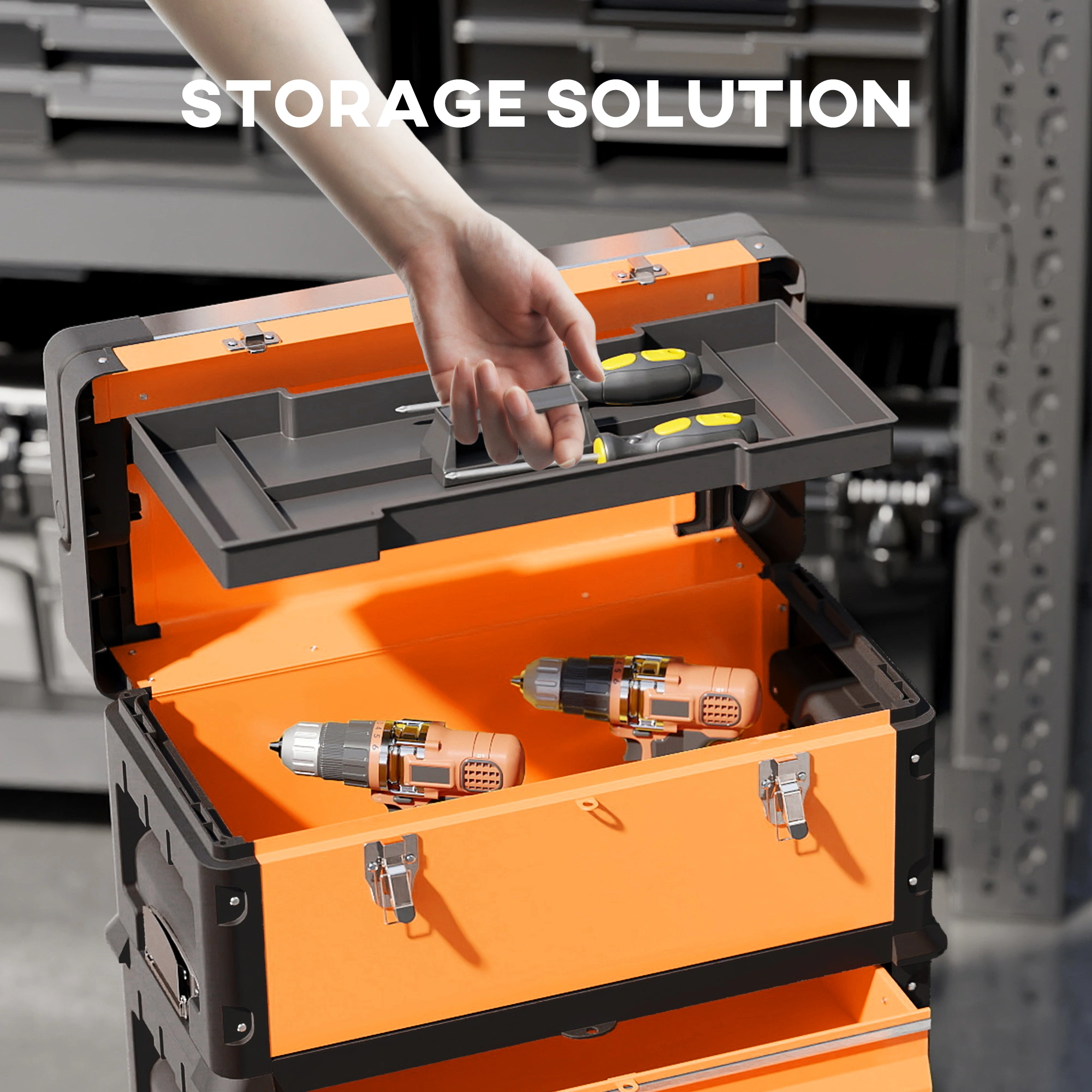 Industrial Metal Tool Box, Heavy Duty Steel Storage Chest with Secure Lock Lid, Large Capacity Organized Workbox for Garage, Auto & Workshop Use view 4