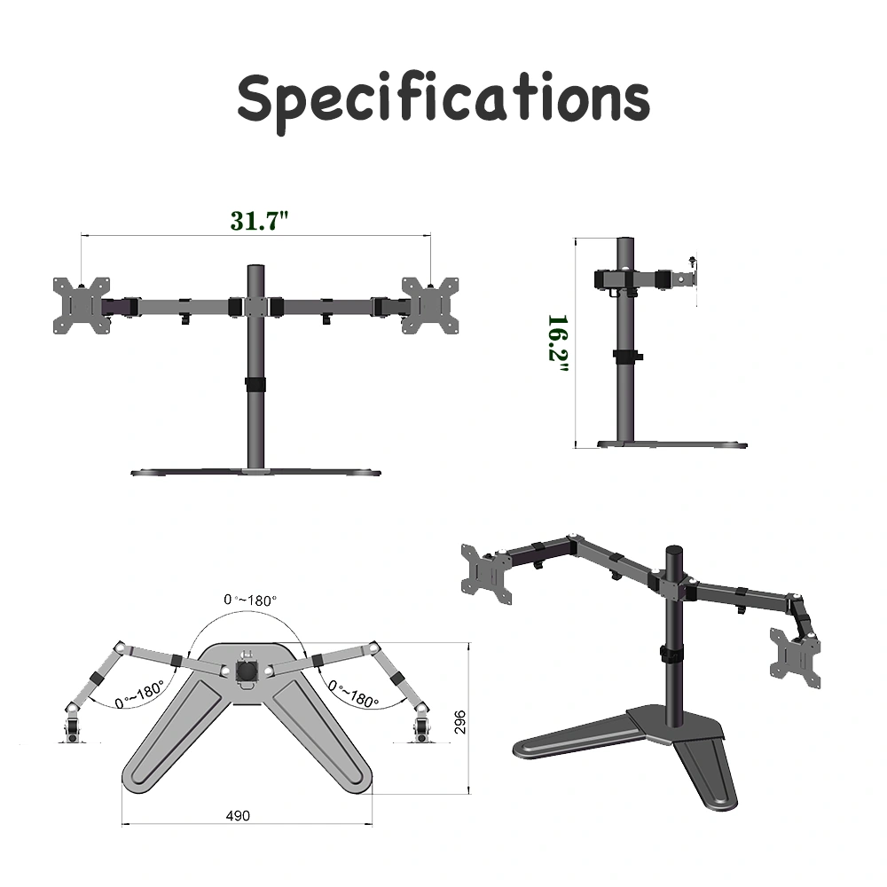 13-27 Inch Double Pendulum TV Stand TSDS-01, Large Base 8kg, VESA 100x100, 90° Tilt, 360° Rotation, 100-400mm Height Adjust view 3