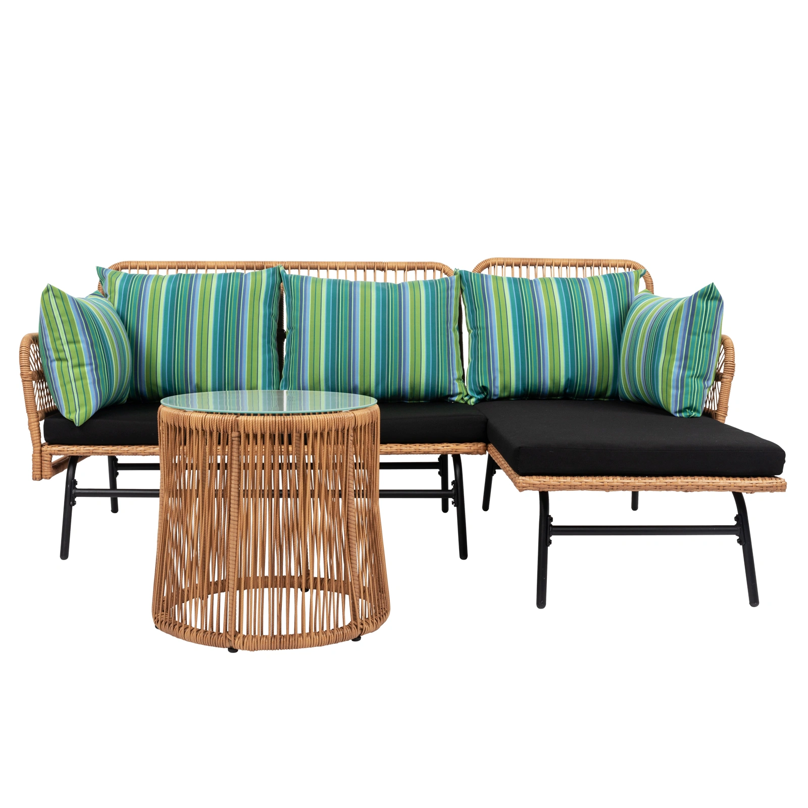 Outdoor 3-Piece Rope Woven Sectional Patio Sofa Set, L-Shaped Conversation Set w/ Thick Cushions, Detachable Lounger & Side Table for Backyard Porch