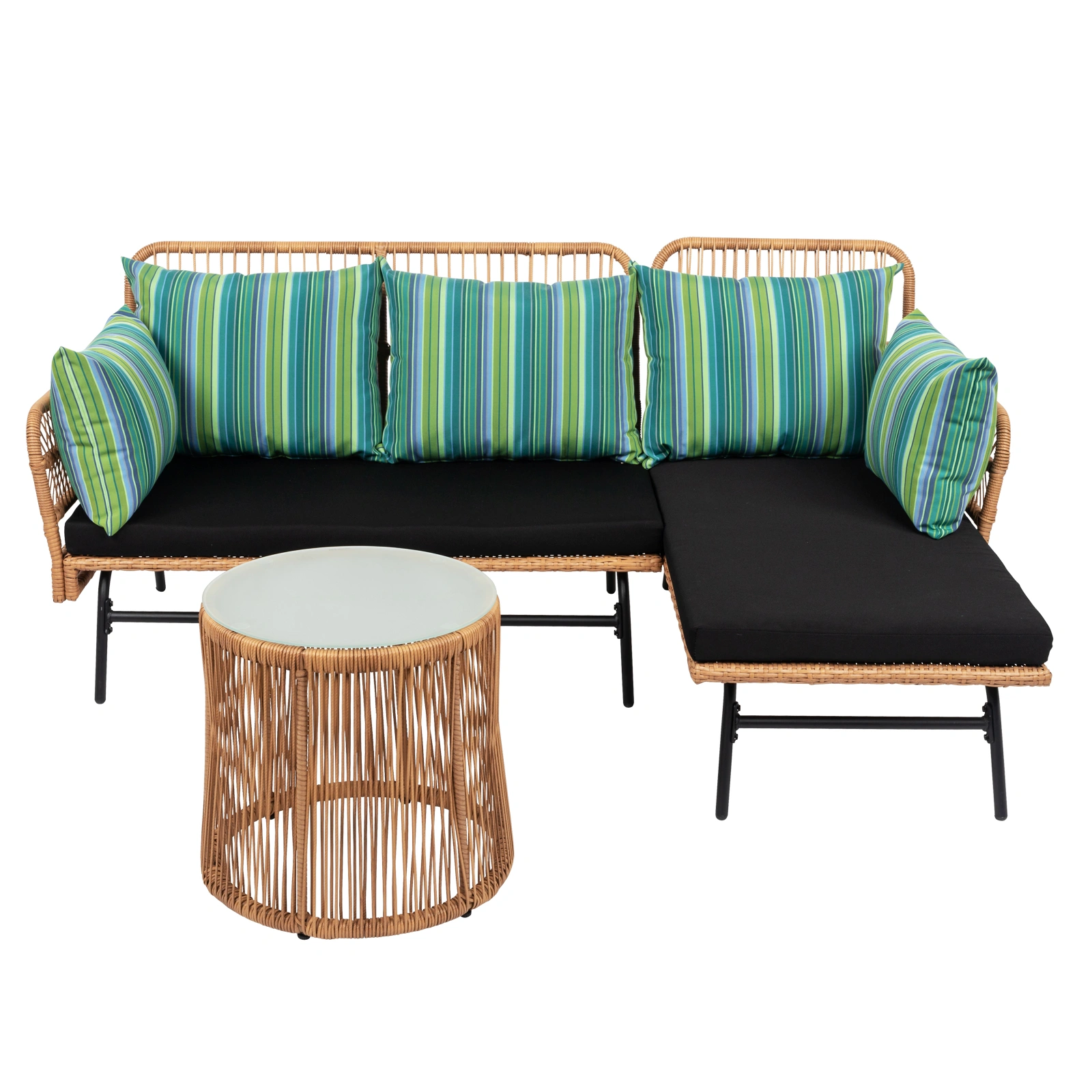 Outdoor 3-Piece Rope Woven Sectional Patio Sofa Set, L-Shaped Conversation Set w/ Thick Cushions, Detachable Lounger & Side Table for Backyard Porch view 2