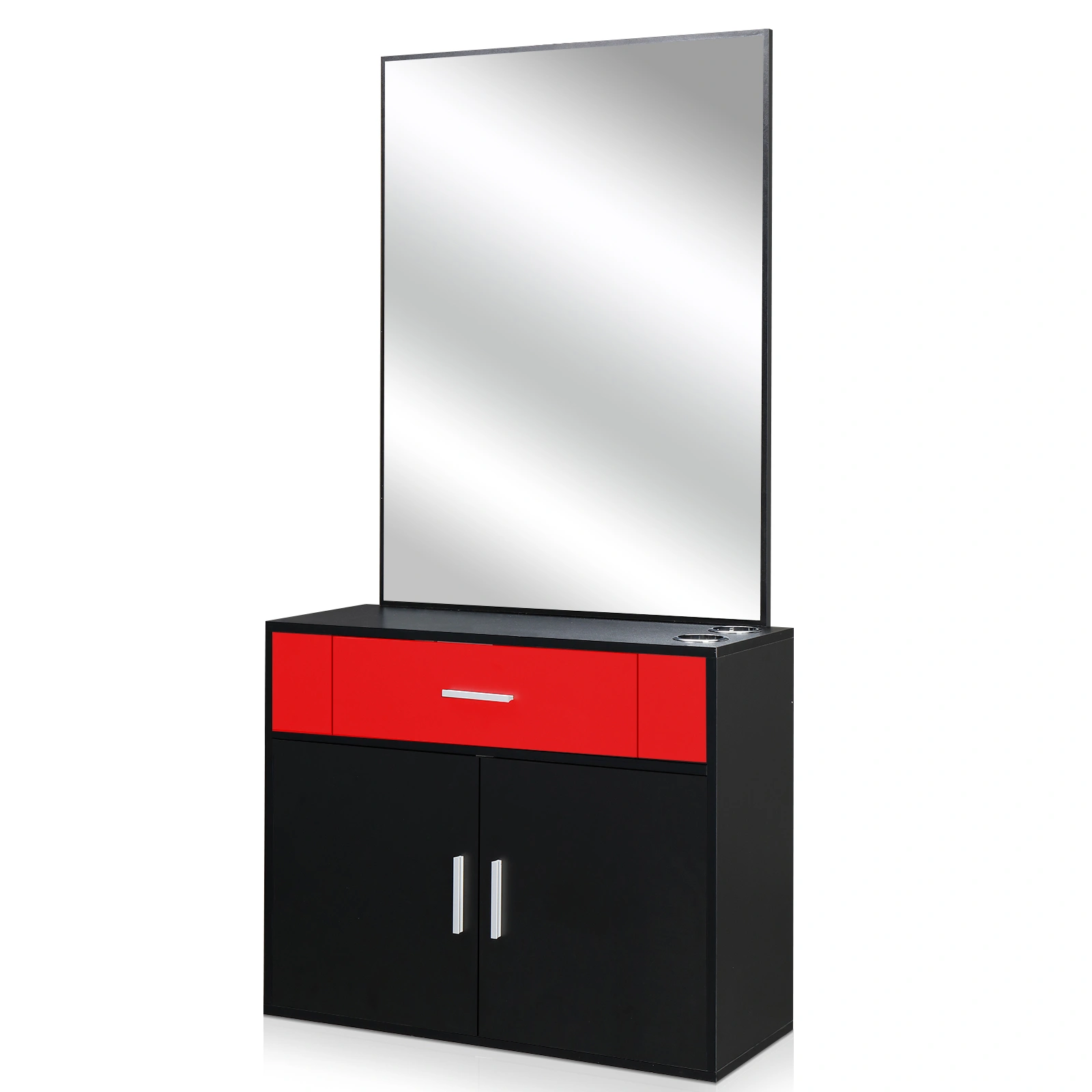 Black & Red Salon Cabinet with Linen Top, 1 Drawer 1 Door E0 Chipboard with Mirror