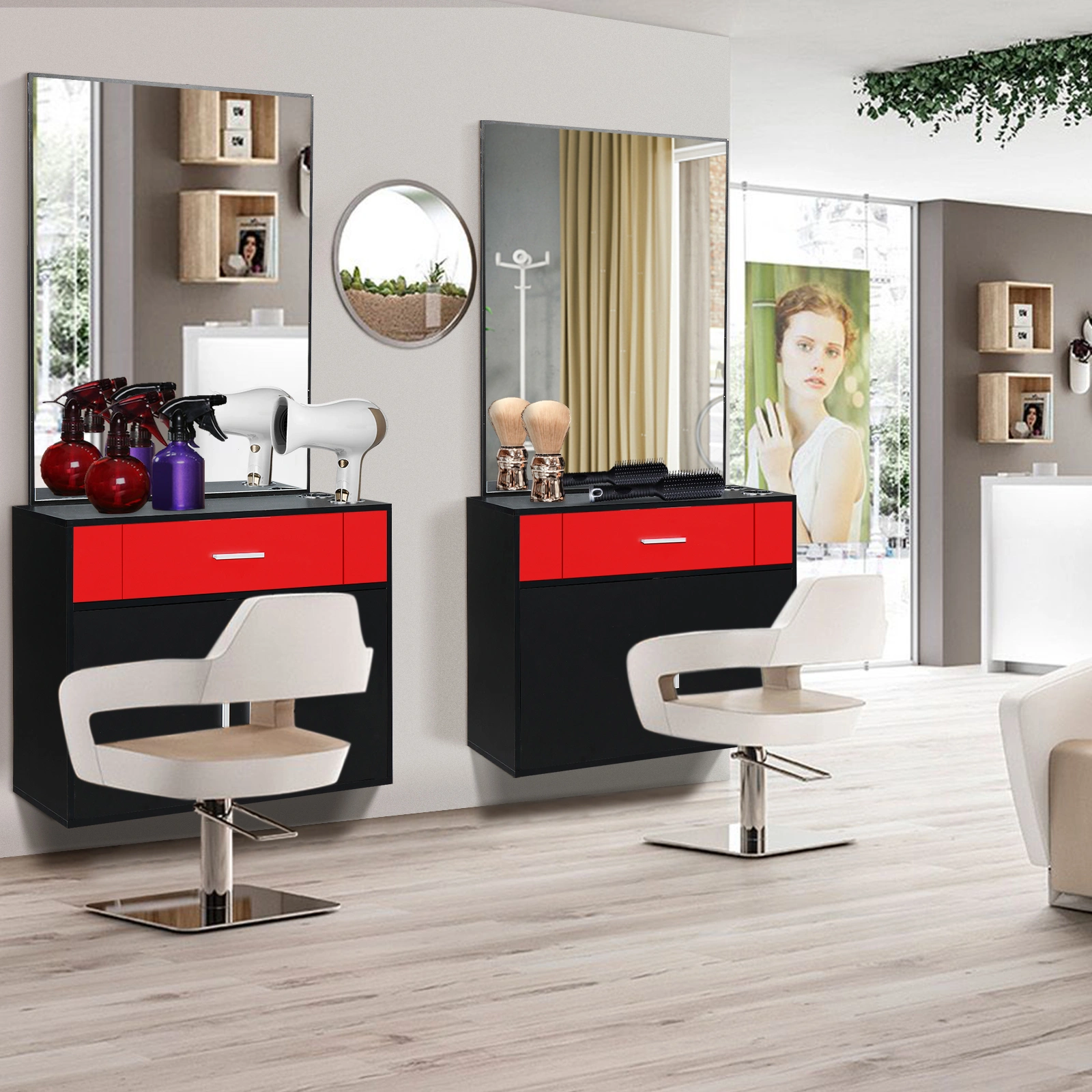 Black & Red Salon Cabinet with Linen Top, 1 Drawer 1 Door E0 Chipboard with Mirror view 11