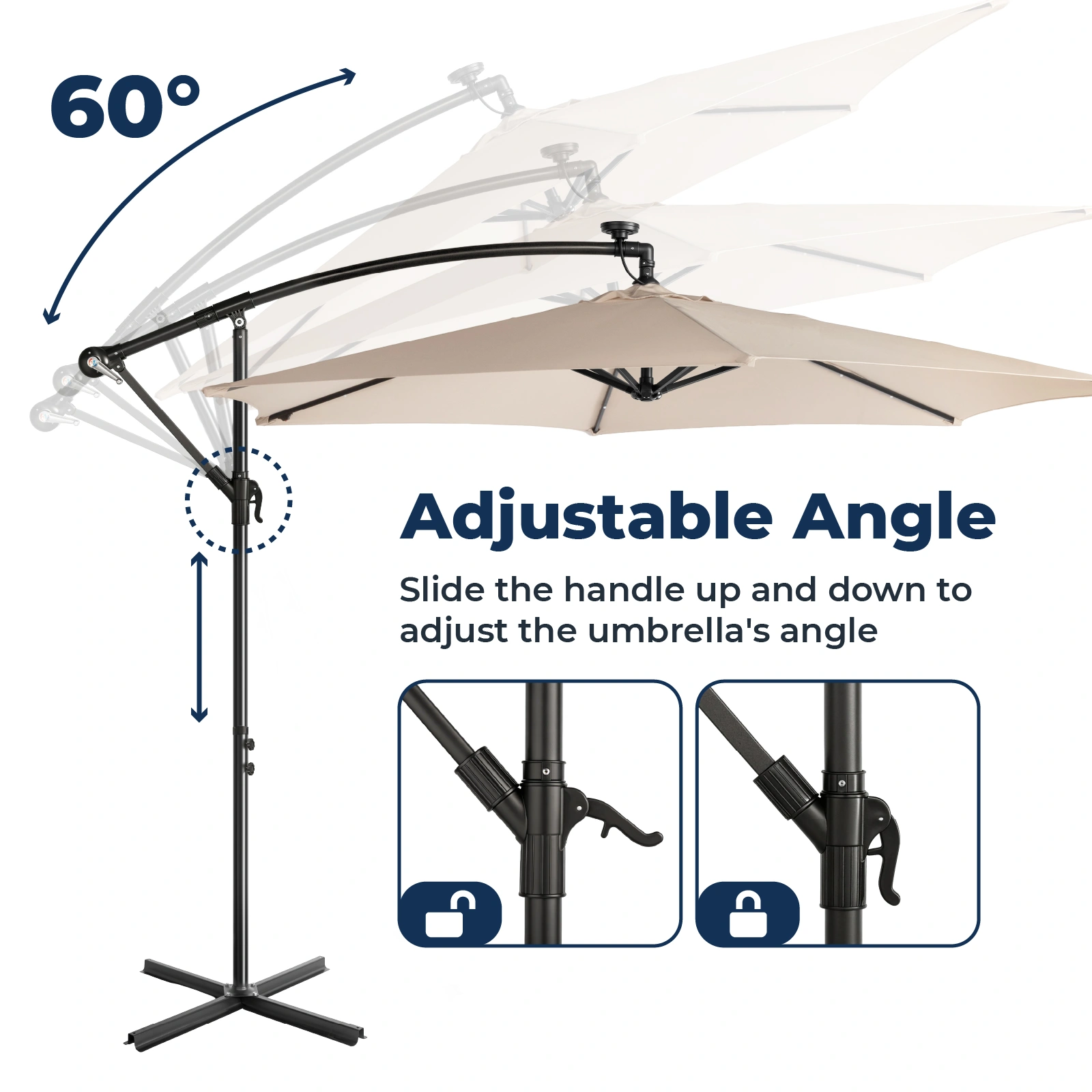 10FT Round Banana Hanging Patio Umbrella with 18 LED Lights, 6 Iron Ribs, Iron Straight & Curved Pole, Waterproof Polyester Canopy, with Stand Sleeve and Cross Base, Khaki view 15