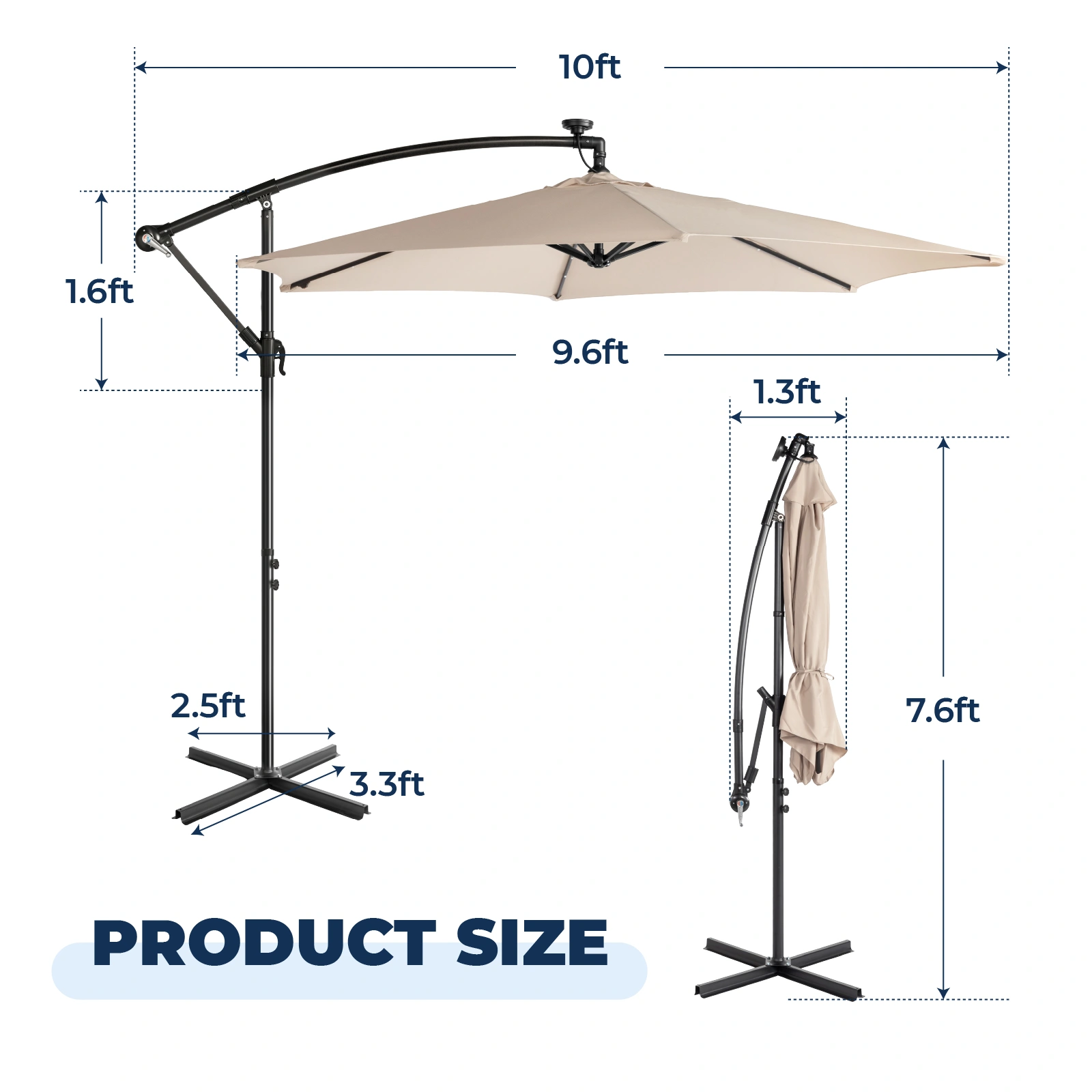 10FT Round Banana Hanging Patio Umbrella with 18 LED Lights, 6 Iron Ribs, Iron Straight & Curved Pole, Waterproof Polyester Canopy, with Stand Sleeve and Cross Base, Khaki view 16