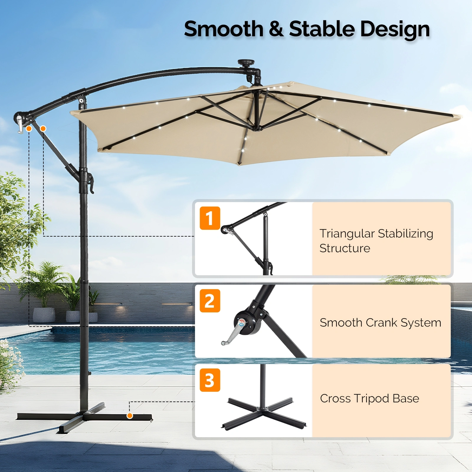 10FT Round Banana Hanging Patio Umbrella with 18 LED Lights, 6 Iron Ribs, Iron Straight & Curved Pole, Waterproof Polyester Canopy, with Stand Sleeve and Cross Base, Khaki view 17