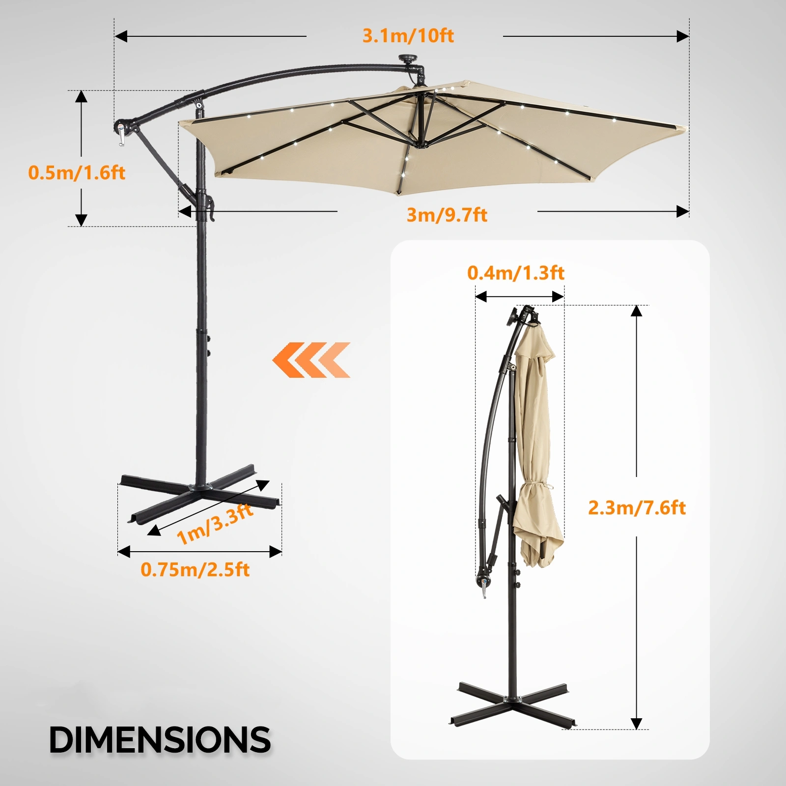 10FT Round Banana Hanging Patio Umbrella with 18 LED Lights, 6 Iron Ribs, Iron Straight & Curved Pole, Waterproof Polyester Canopy, with Stand Sleeve and Cross Base, Khaki view 18