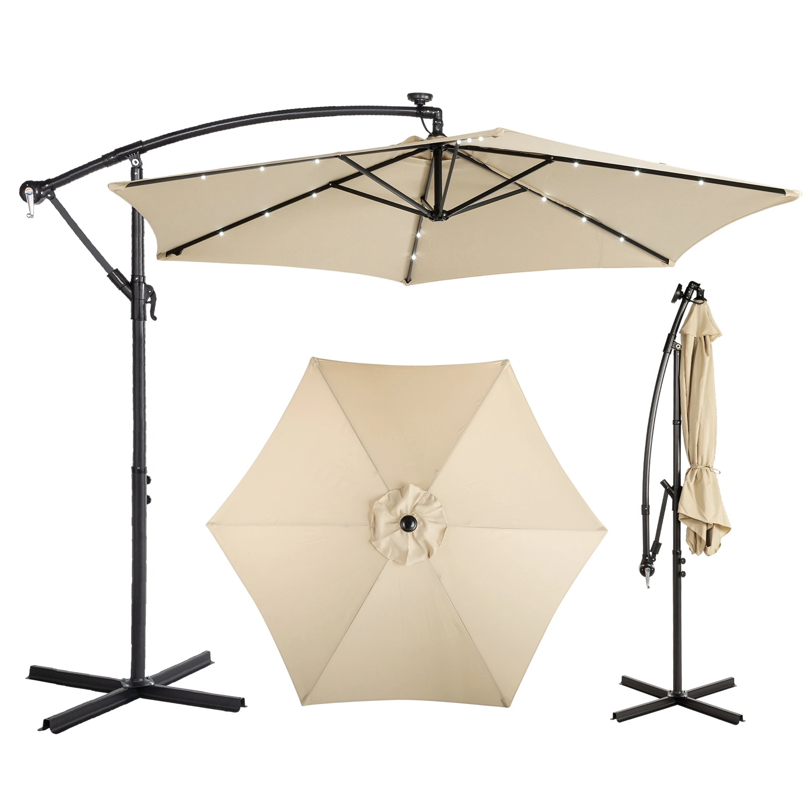10FT Round Banana Hanging Patio Umbrella with 18 LED Lights, 6 Iron Ribs, Iron Straight & Curved Pole, Waterproof Polyester Canopy, with Stand Sleeve and Cross Base, Khaki view 2