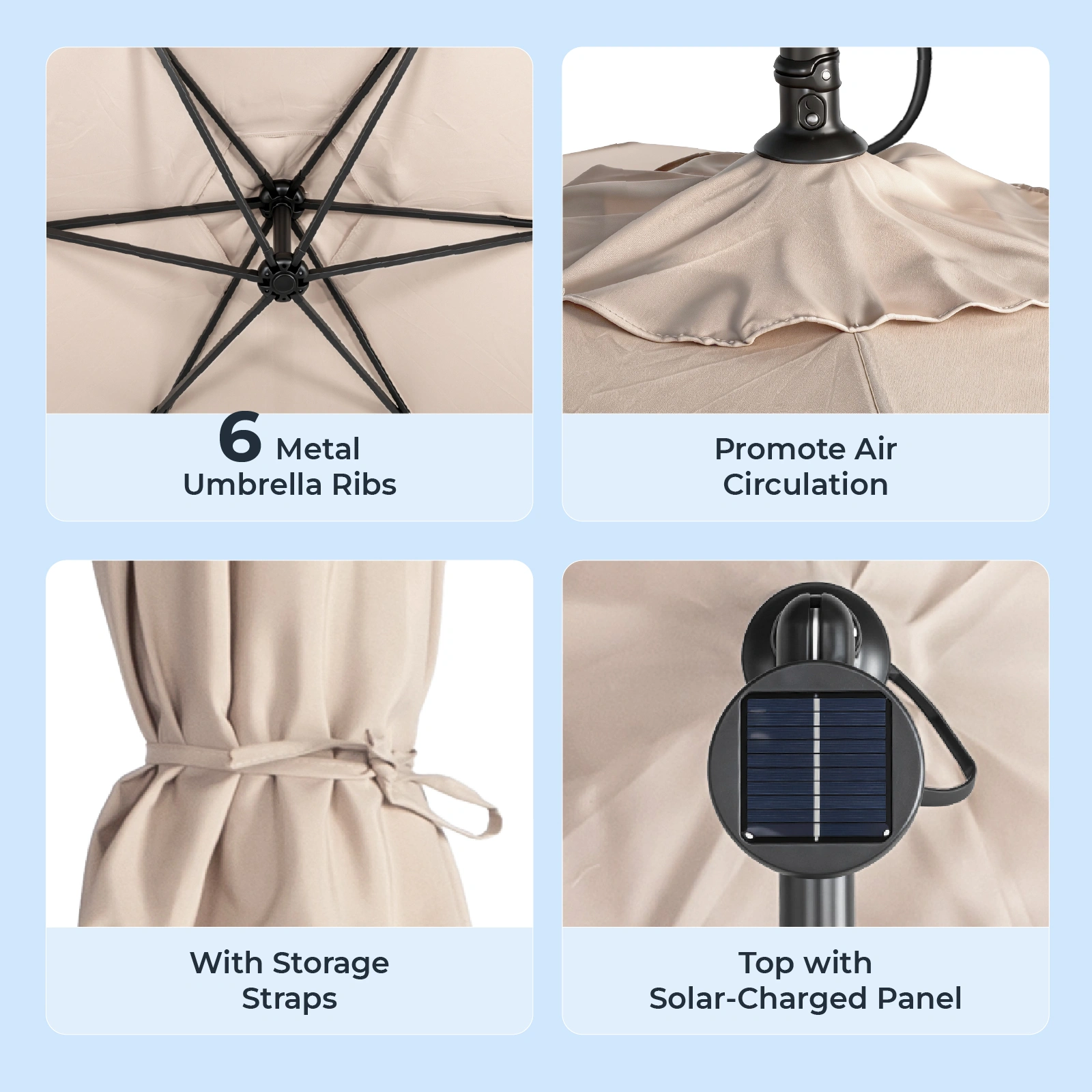 10FT Round Banana Hanging Patio Umbrella with 18 LED Lights, 6 Iron Ribs, Iron Straight & Curved Pole, Waterproof Polyester Canopy, with Stand Sleeve and Cross Base, Khaki view 20