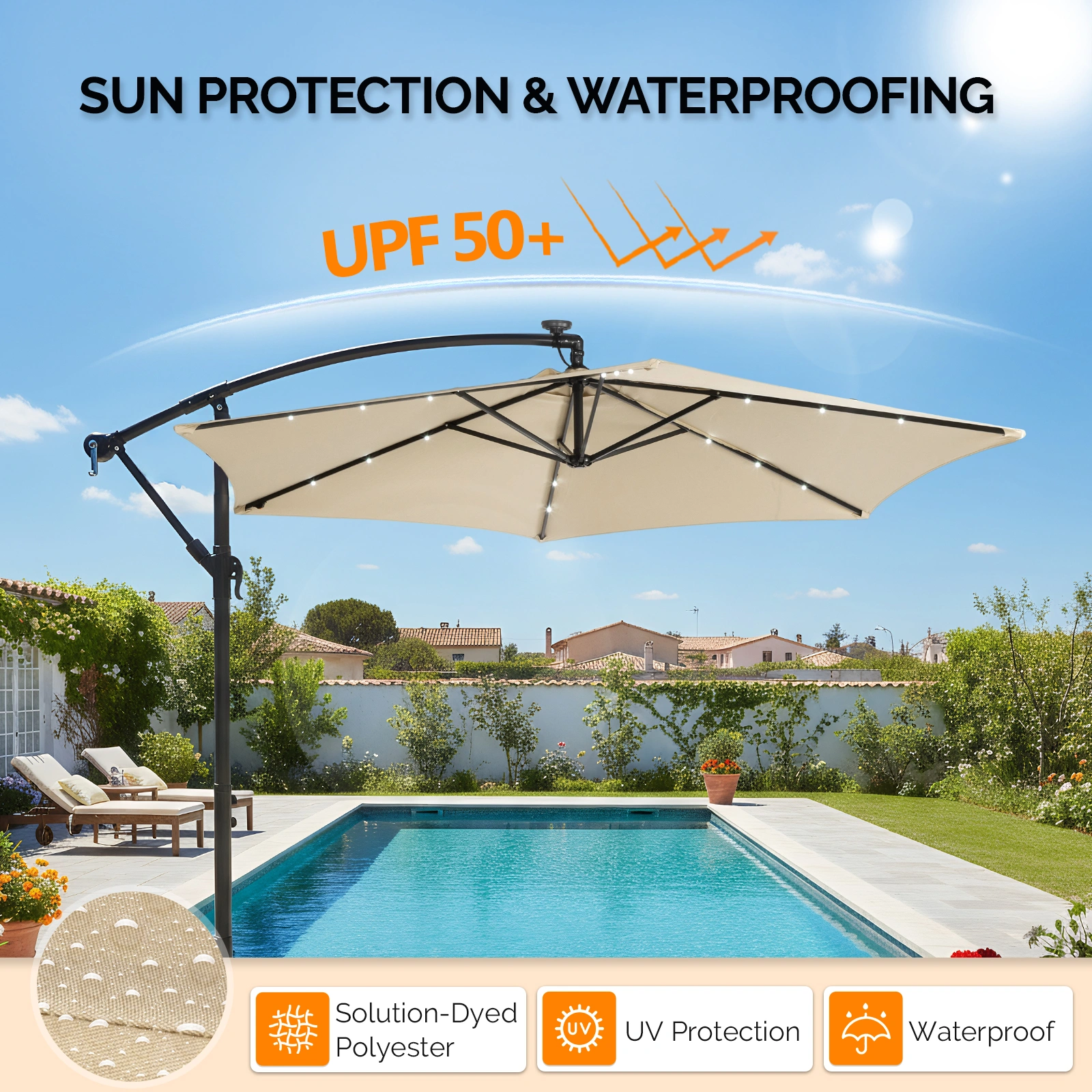 10FT Round Banana Hanging Patio Umbrella with 18 LED Lights, 6 Iron Ribs, Iron Straight & Curved Pole, Waterproof Polyester Canopy, with Stand Sleeve and Cross Base, Khaki view 24