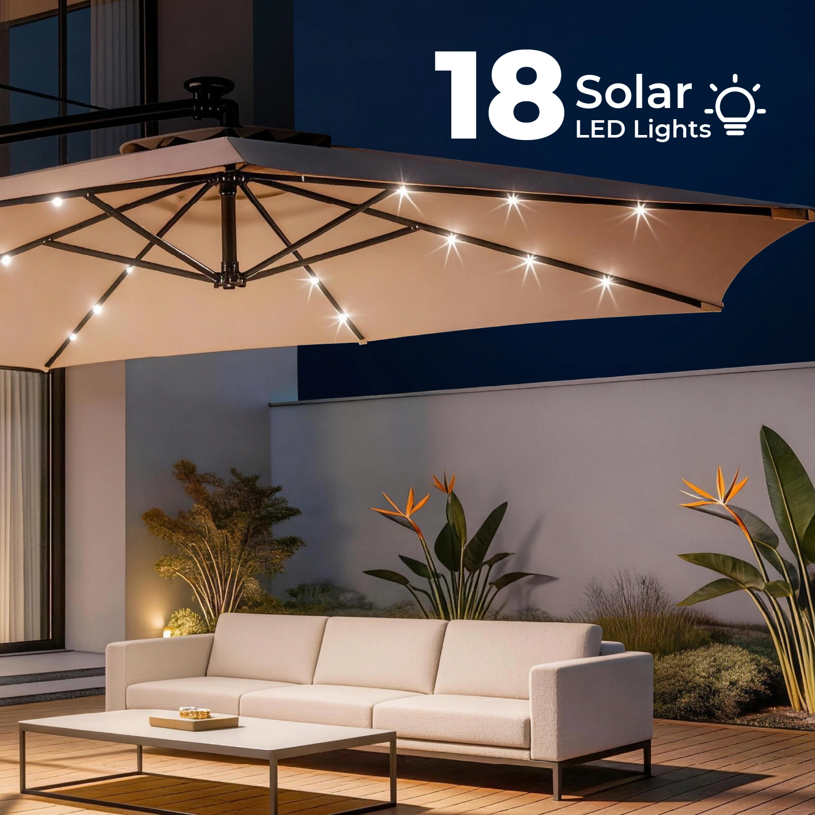 10FT Round Banana Hanging Patio Umbrella with 18 LED Lights, 6 Iron Ribs, Iron Straight & Curved Pole, Waterproof Polyester Canopy, with Stand Sleeve and Cross Base, Khaki view 27